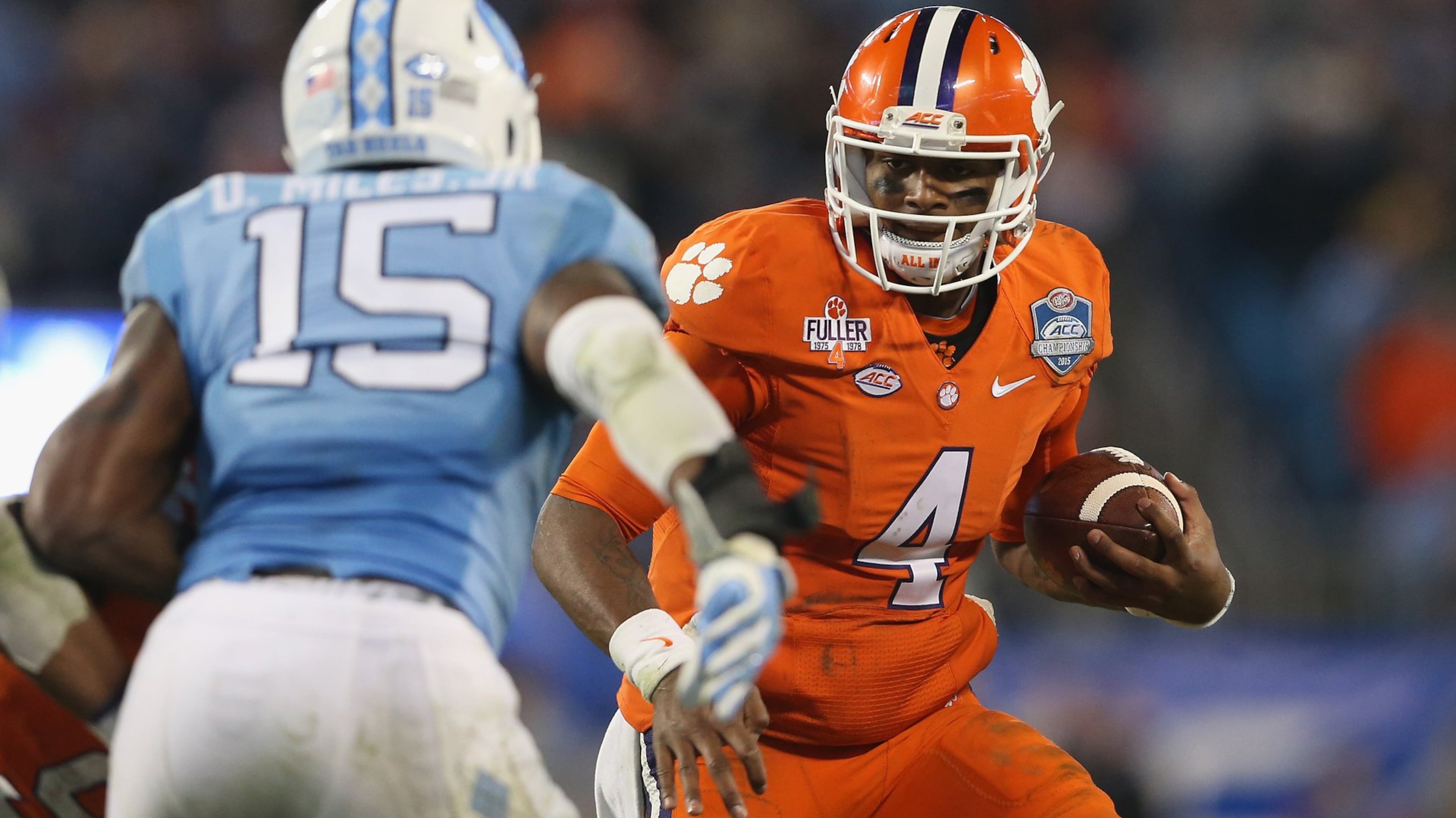 Clemson quarterback Deshaun Watson, shown against North Carolina in the ACC Championship game, will be at the College Football Hall of Fame on Thursday night as a finalist for the Maxwell and Davey O’Brien awards. (Photo by Streeter Lecka/Getty Images)