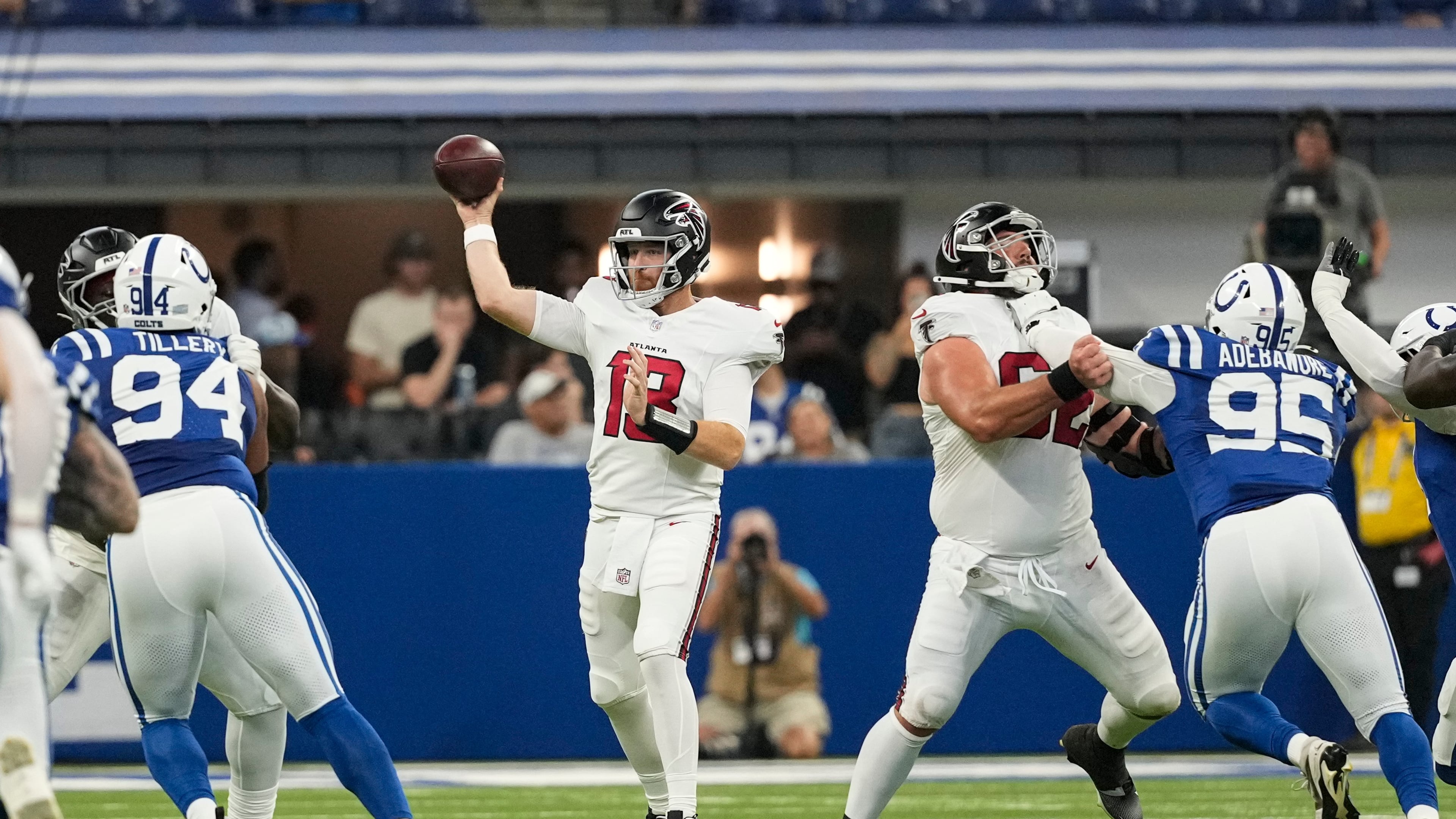 Falcons quarterback Cooper Rush throws against the Indianapolis Colts during the first half of an NFL football game in Indianapolis, Saturday, Aug. 22, 2026. (Nam Y. Huh/AP)