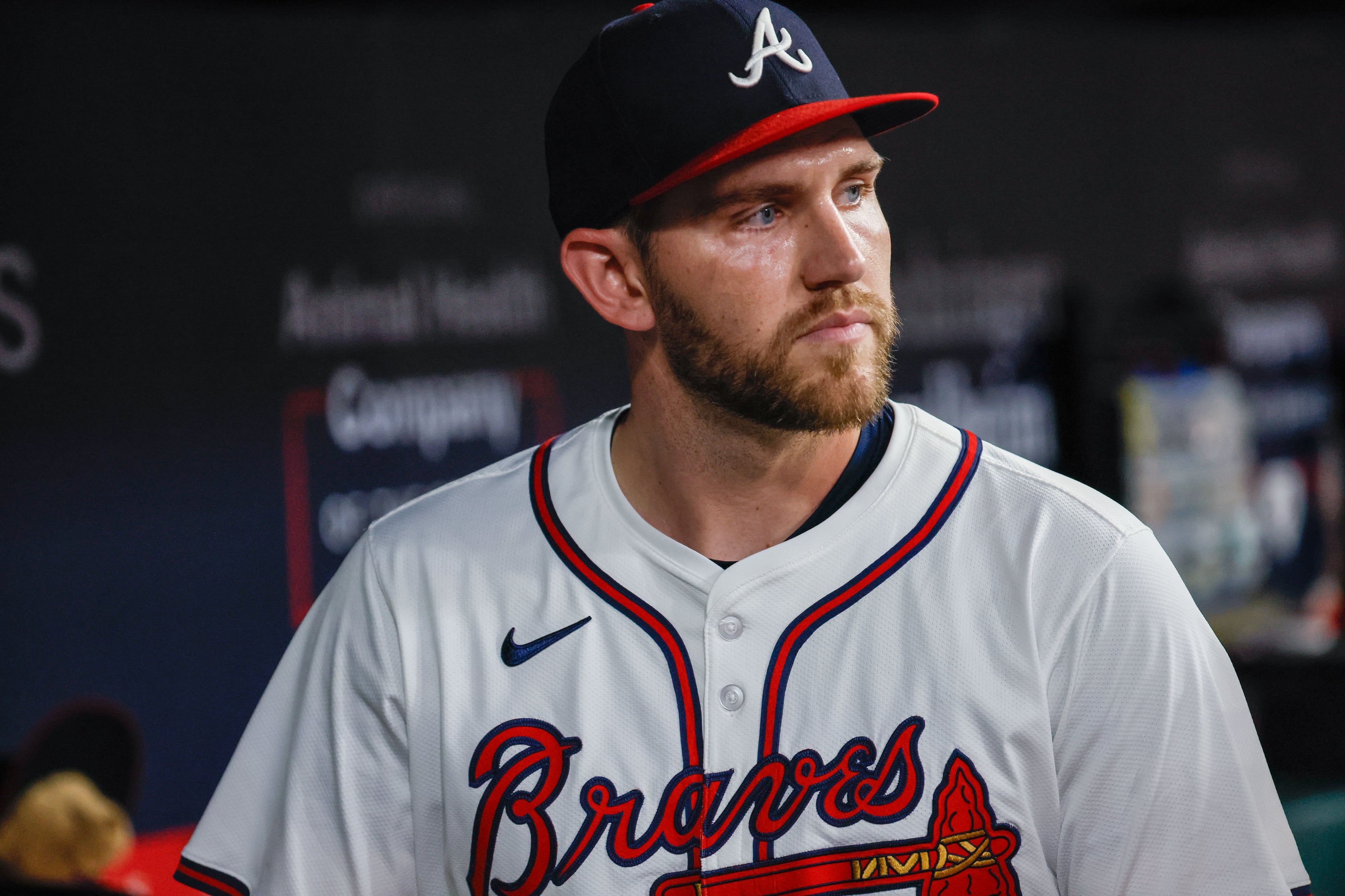 Atlanta Braves relief pitcher Dylan Lee (52) is spotted at the dugout after being removed from the mound during the seventh inning at Truist Park on Thursday, August 1, 2024.Â
(Miguel Martinez/ AJC)