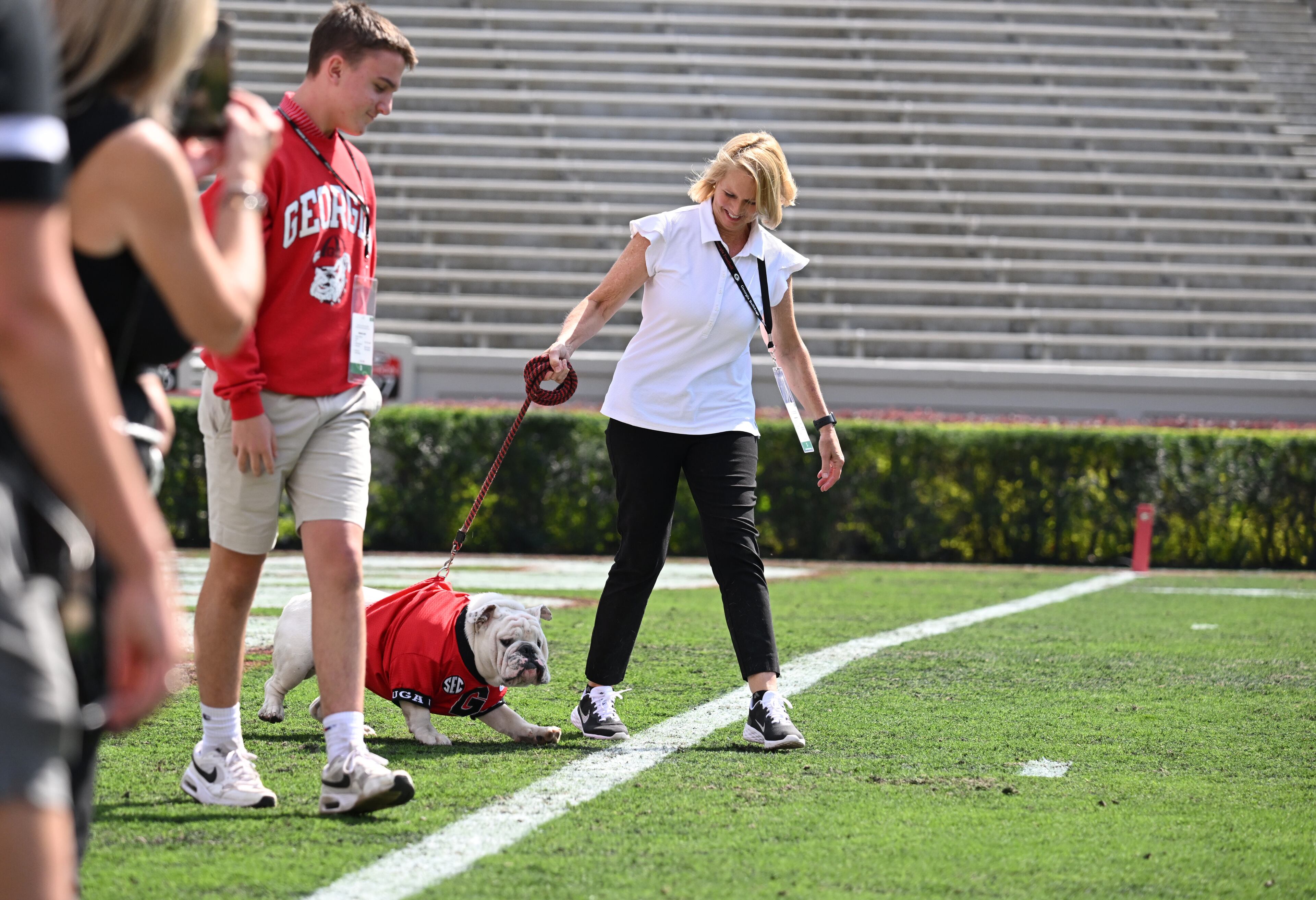 The University of Georgia introduces Boom as Uga XI, during pregame ceremonies at the G-Day game at Sanford Stadium, Saturday, April 15, 2023, in Athens. (Hyosub Shin / Hyosub.Shin@ajc.com)