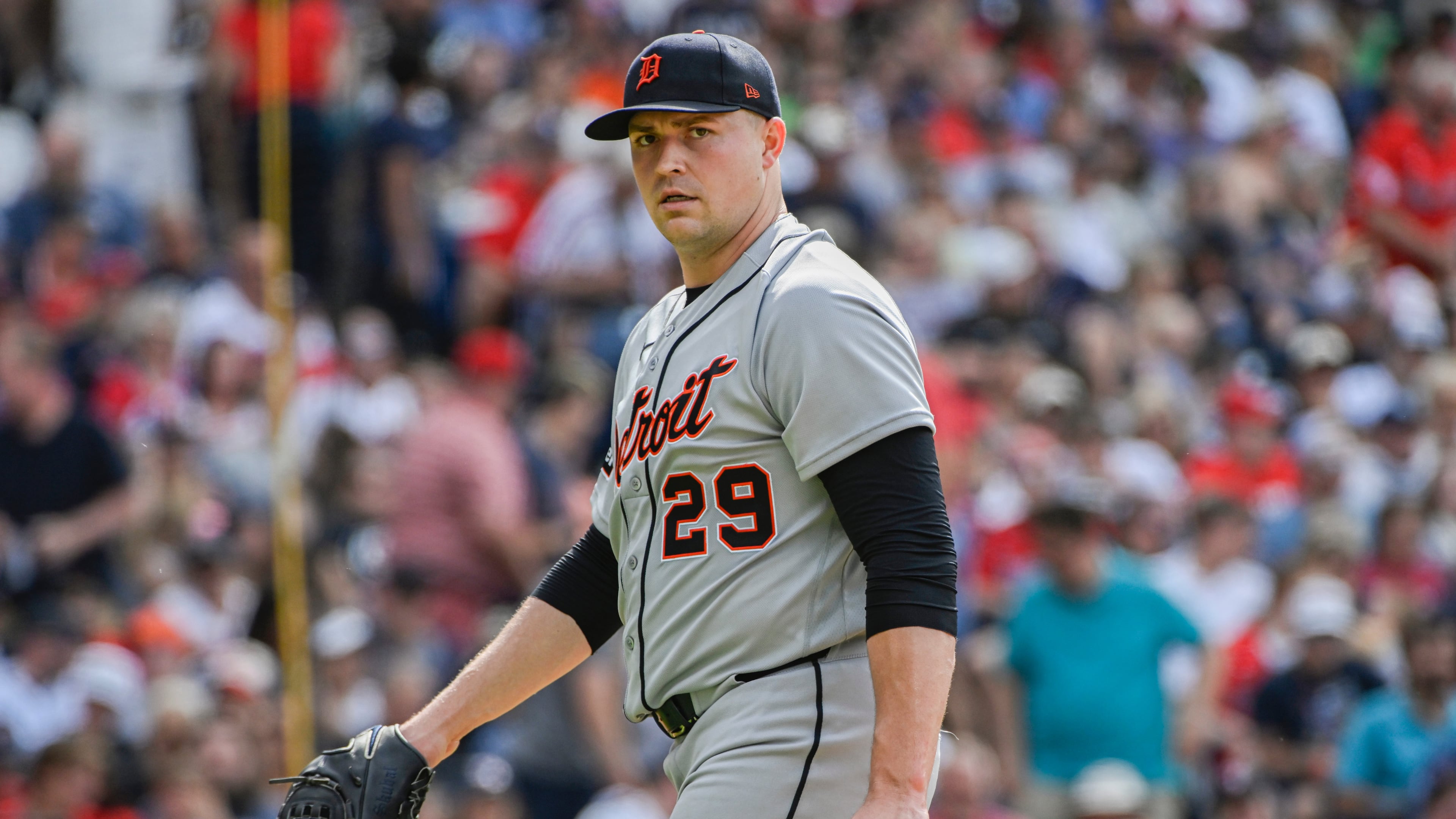 Detroit Tigers starting pitcher Tarik Skubal walks from the mound during the second inning of a baseball game against the Cleveland Guardians, Saturday, June 13, 2026, in Cleveland. (Phil Long/AP)