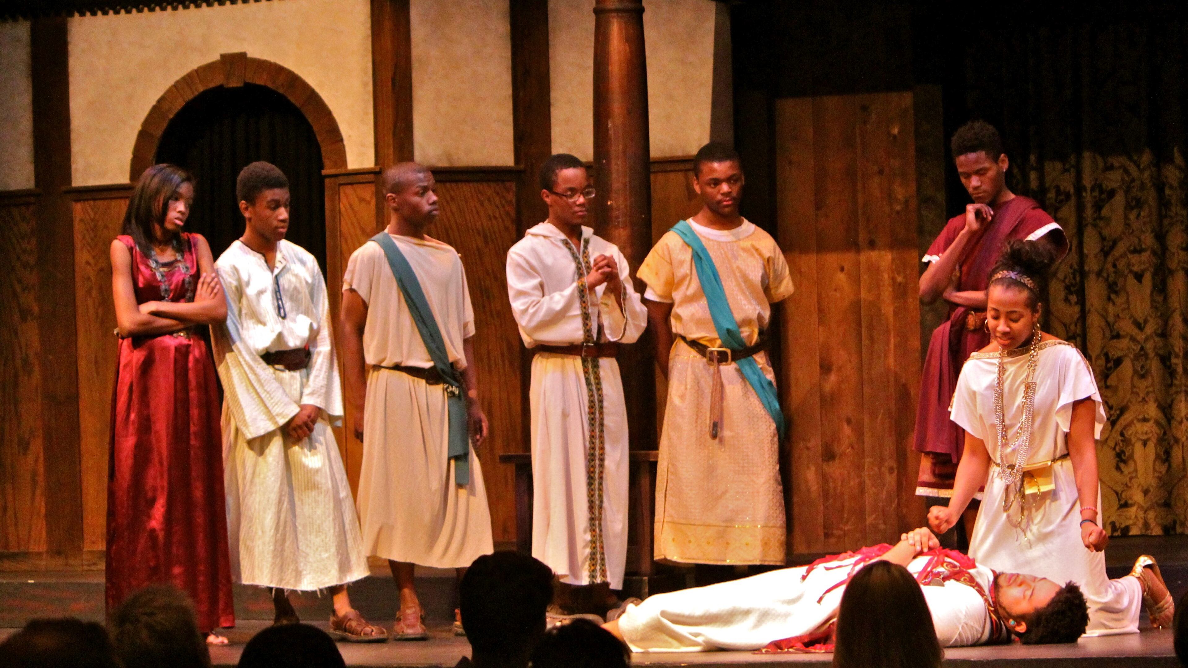 Students from Atlanta’s Therrell High School perform a scene from Julius Caesar. The school has an artist-in-residency program. Photo credit: Adam King, Atlanta Shakespeare Company.