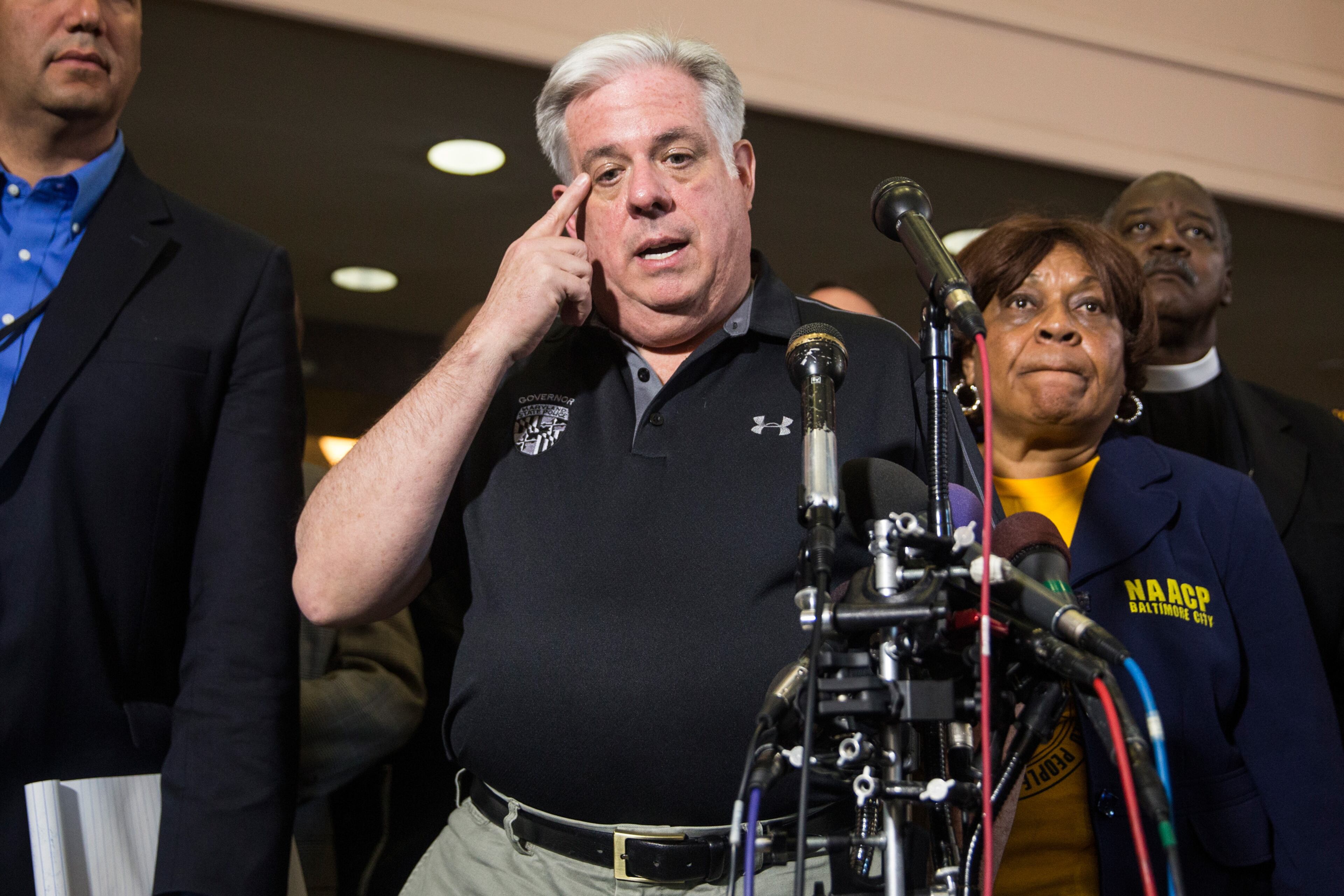 BALTIMORE, MD - APRIL 28: Maryland Governor Larry Hogan speaks at a press conference after riots broke out yesterday after the funeral of Freddie Gray, on April 28, 2015 in Baltimore, Maryland. Gray, 25, was arrested for possessing a switch blade knife April 12 outside the Gilmor Houses housing project on Baltimore's west side. According to his attorney, Gray died a week later in the hospital from a severe spinal cord injury he received while in police custody. (Photo by Andrew Burton/Getty Images)