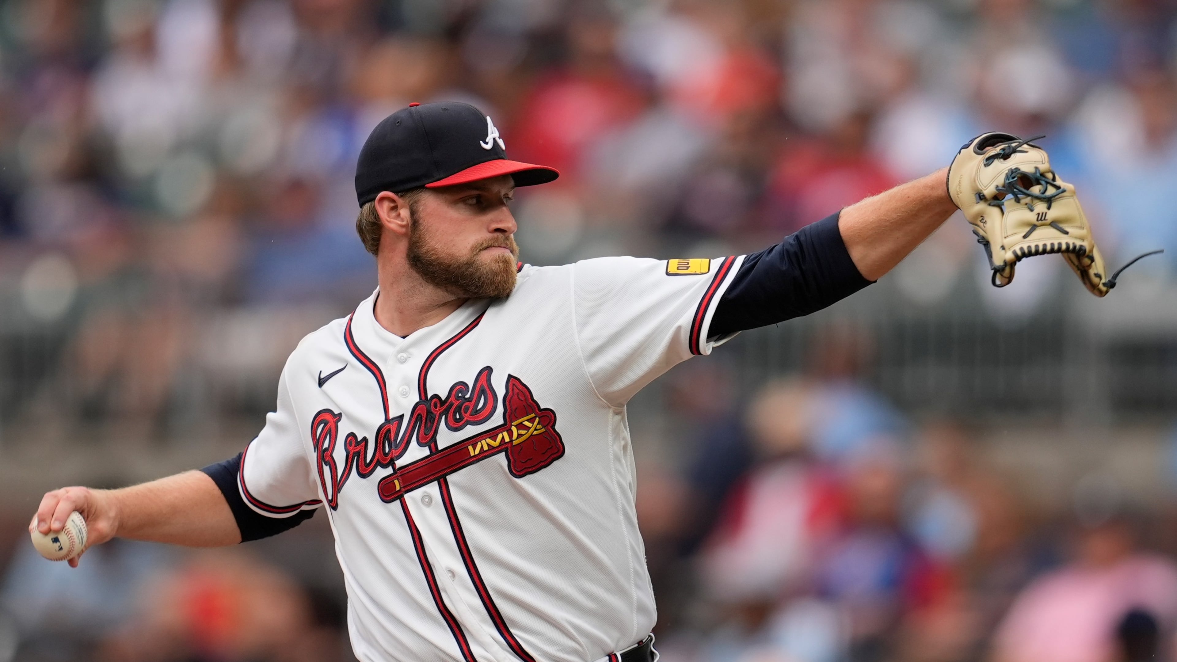 Atlanta Braves pitcher Bryce Elder (55) works in the first inning of a baseball game against the Miami Marlins, Wednesday, Aug. 5, 2026, in Atlanta. (AP Photo/Mike Stewart)