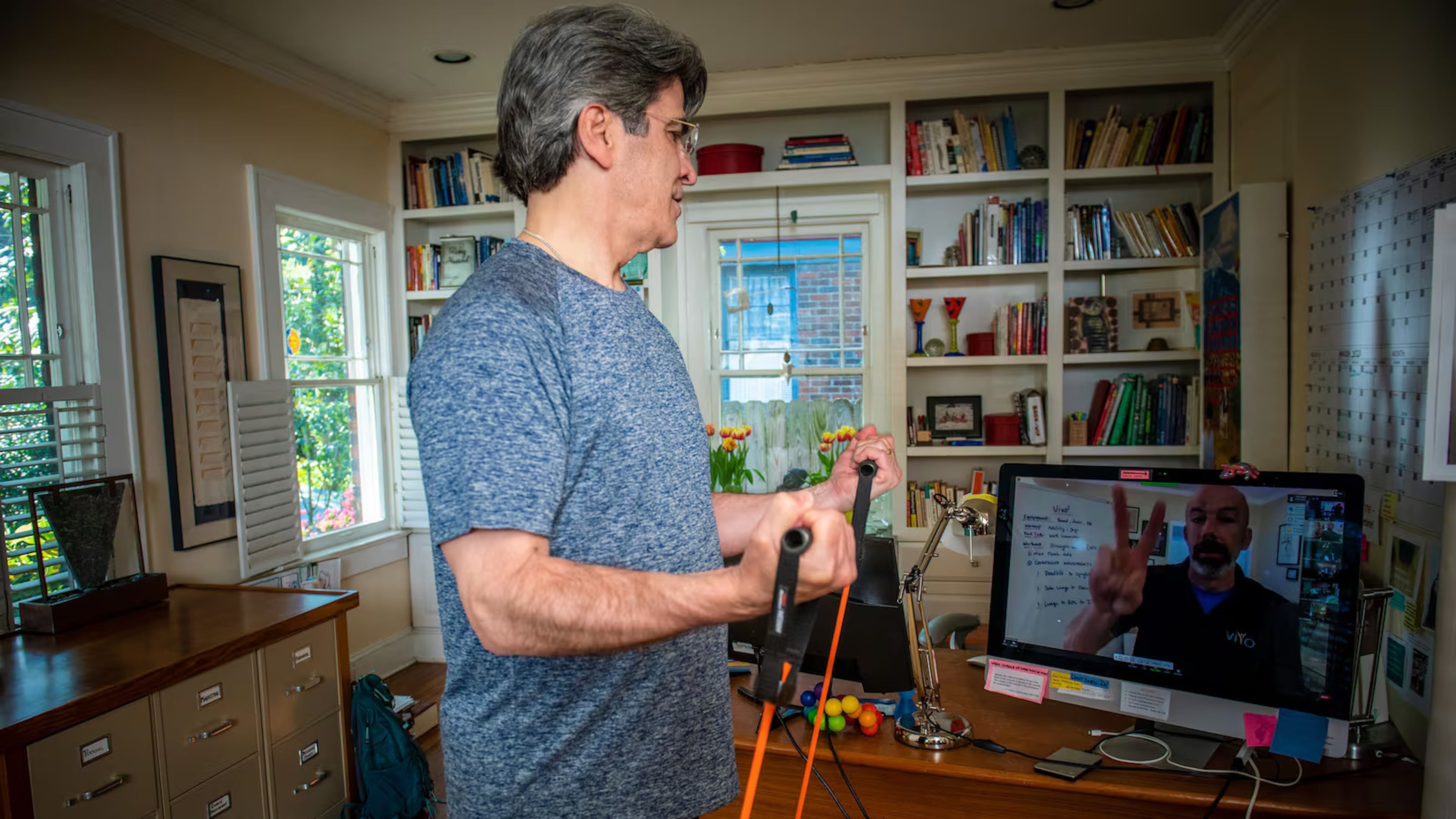 Jerry Farinola of Atlanta uses Vivo, a virtual strength program for older adults. A local startup is using federal funding to evaluate whether the program reduces blood sugar in people with prediabetes. (Courtesy of Vivo)