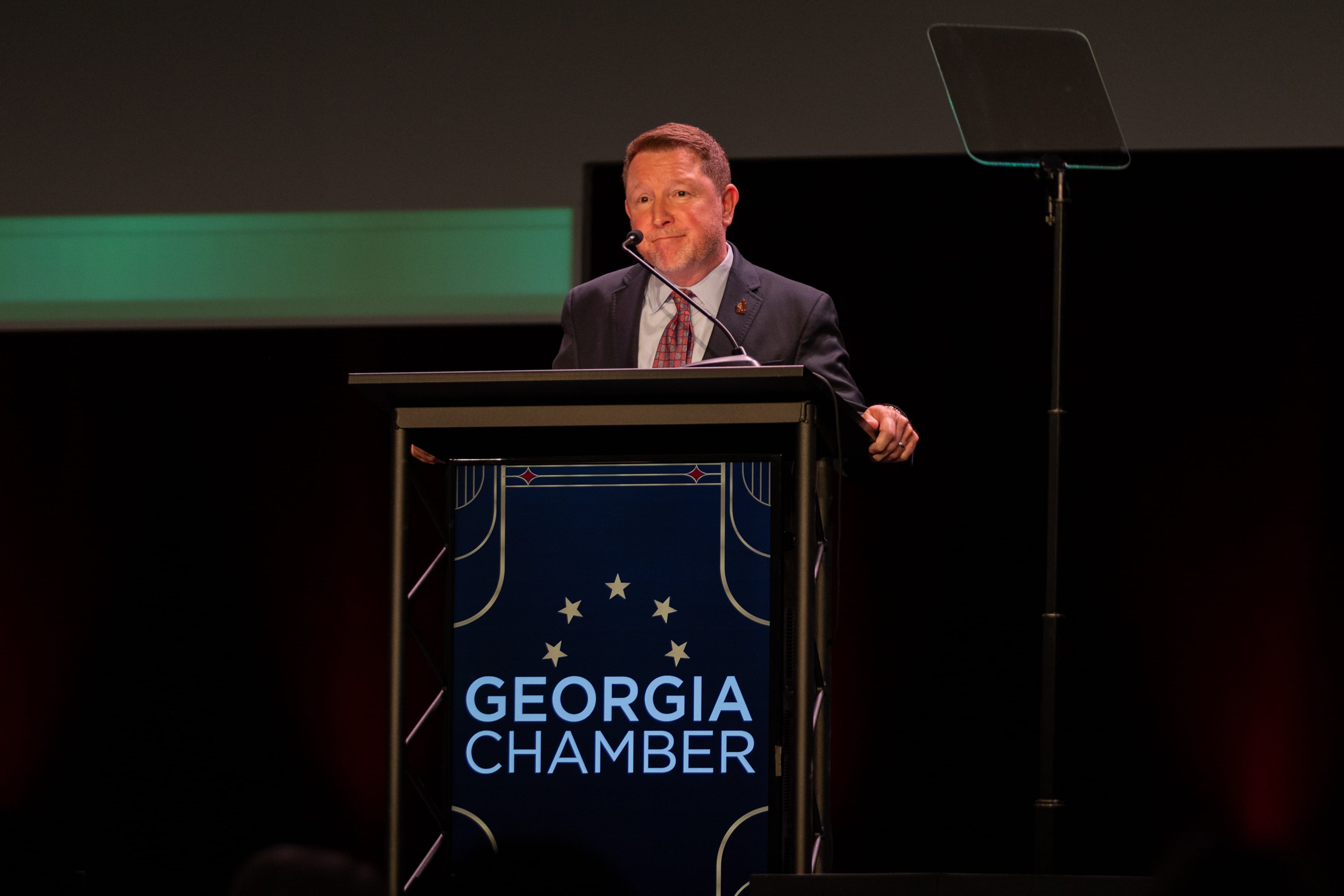 Fox Theatre President & CEO Allan Vella speaks at the Georgia Chamber’s “Eggs & Issues” breakfast at the Fox Theatre in downtown Atlanta, Georgia on January 12th, 2022. (Nathan Posner for The Atlanta Journal-Constitution)