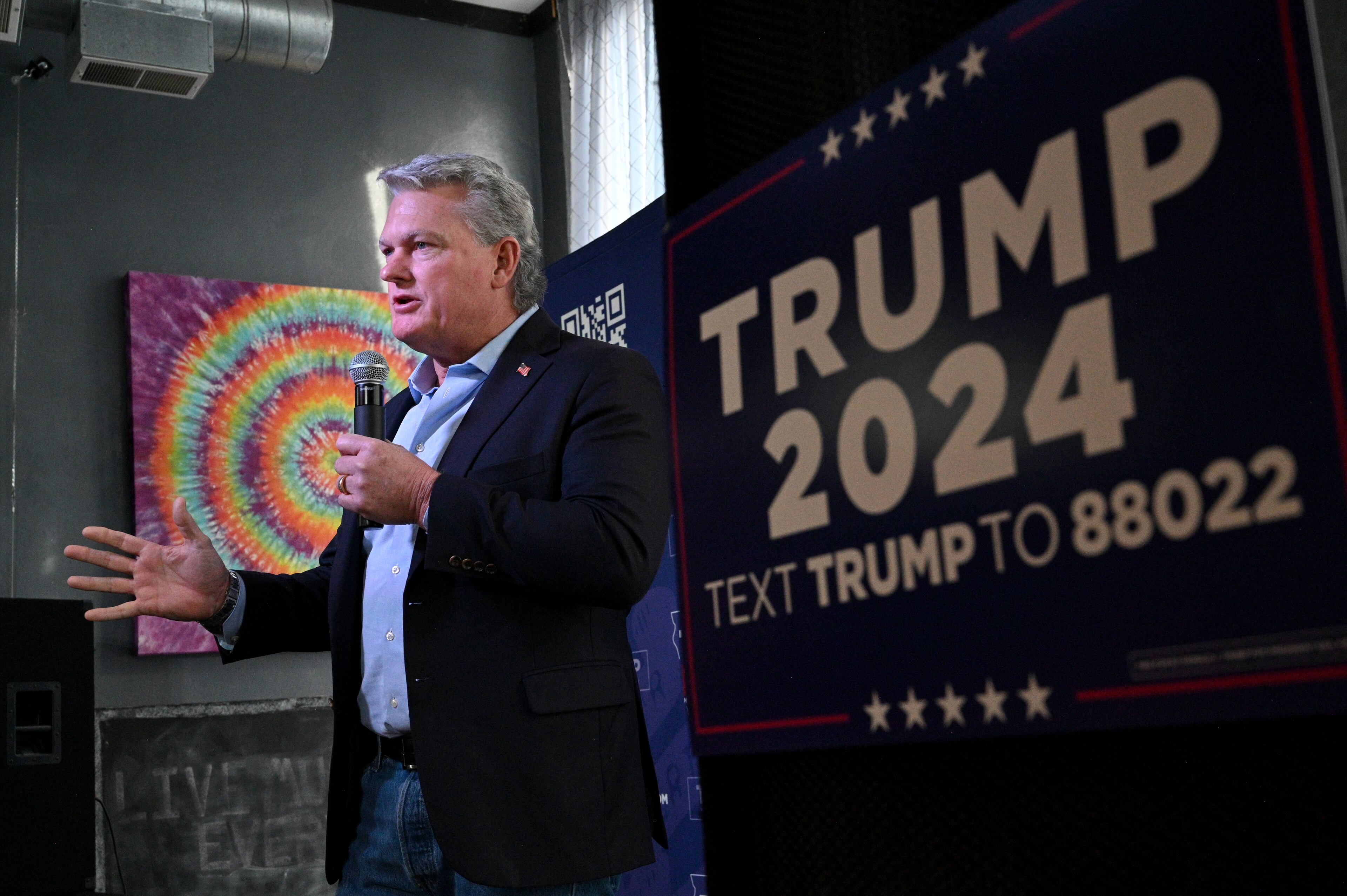 U.S. Rep. Mike Collins speaks in front of supporters of Former President Donald Trump during Team Trump Iowa Campaign event ahead of Iowa Caucus at ShinyTop Brewery, Monday, January 15, 2024, in Fort Dodge, Iowa. (Hyosub Shin/hyosub.shin@ajc.com)