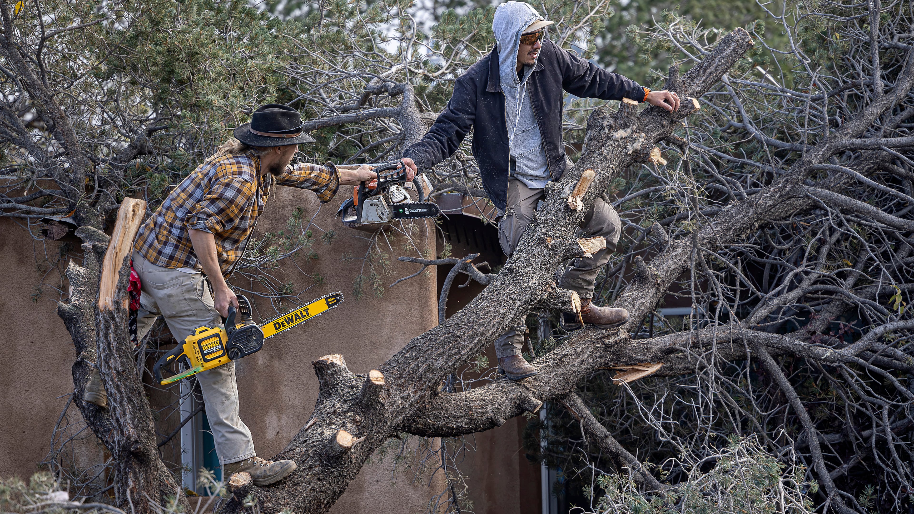 Nickolai Pedersen and Julian Gonzales III help cut a downed tree off a roof as residents start to clean up in Santa Fe, N.M., Sunday, Oct. 25, 2026, after a tornado touched down in central Santa Fe on Saturday night. (Jim Weber/Santa Fe New Mexican via AP)