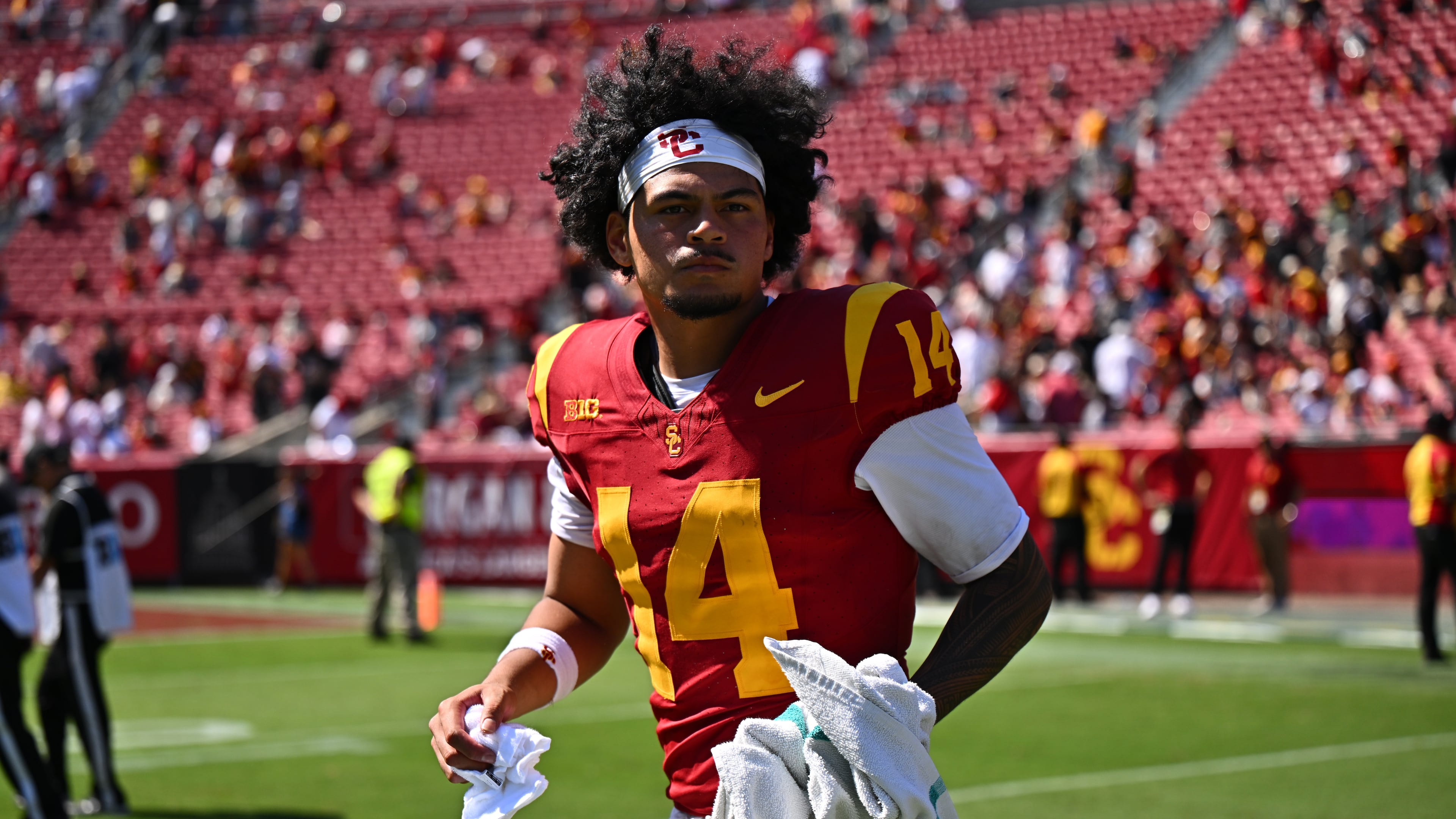 Southern California quarterback Jayden Maiava runs on the field after his team defeated San Jose State in an NCAA college football game, Saturday, Aug. 29, 2026, in Los Angeles. (AP Photo/William Liang)