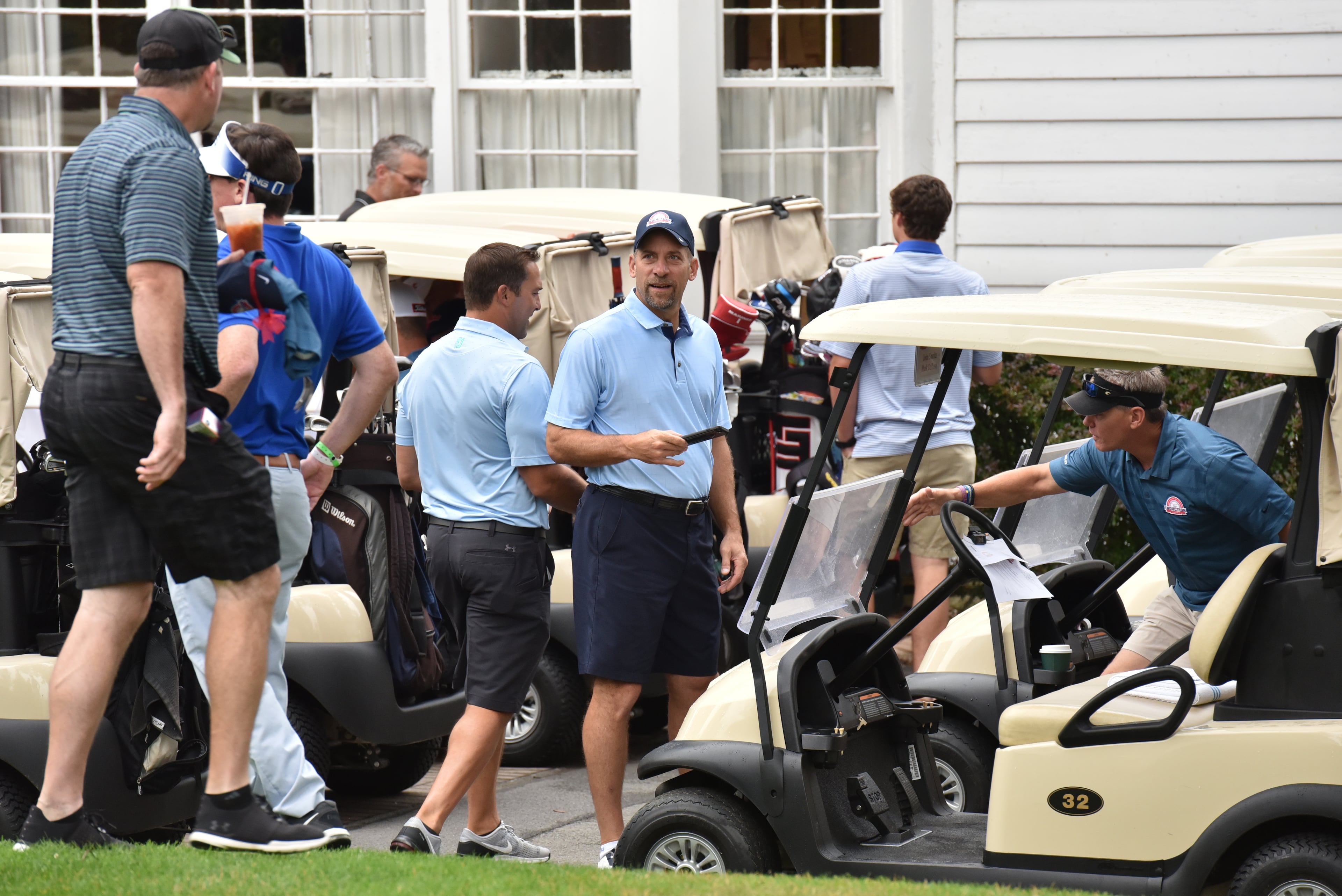 July 28, 2018 Cooperstown, N.Y. - Former Braves and Baseball Hall of Fame member John Smoltz (center) chats with guests as they gather before the start of the Saturday golf tournament at Leatherstocking Golf Course in Cooperstown, N.Y. on Saturday, July 28, 2018. Braves legend Chipper Jones is set for induction into the National Baseball Hall of Fame on Sunday in Cooperstown, N.Y. HYOSUB SHIN / HSHIN@AJC.COM
