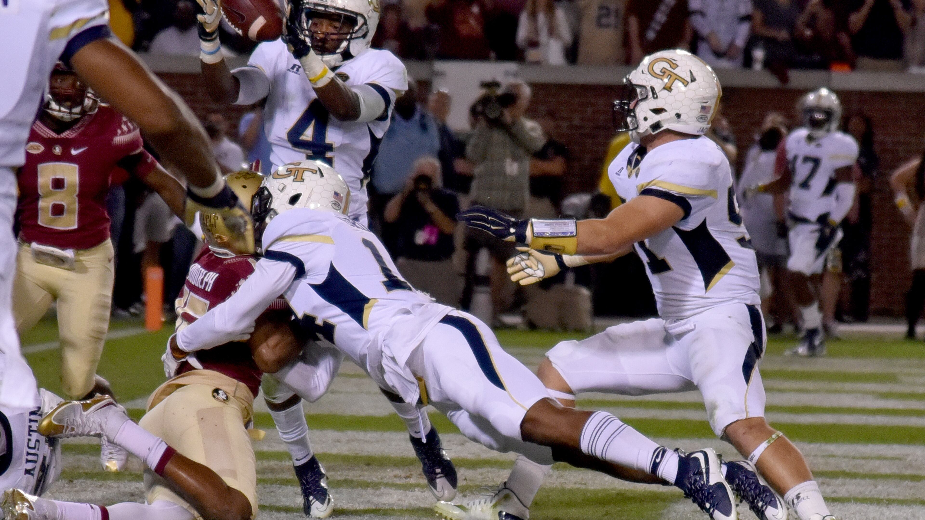 October 24, 2015 Atlanta: Georgia Tech Yellow Jackets defensive back Jamal Golden makes an interception in the end zone to stop the Florida State Seminoles' drive late in the 4th quarter Saturday October 24, 2015. BRANT SANDERLIN/BSANDERLIN@AJC.COM