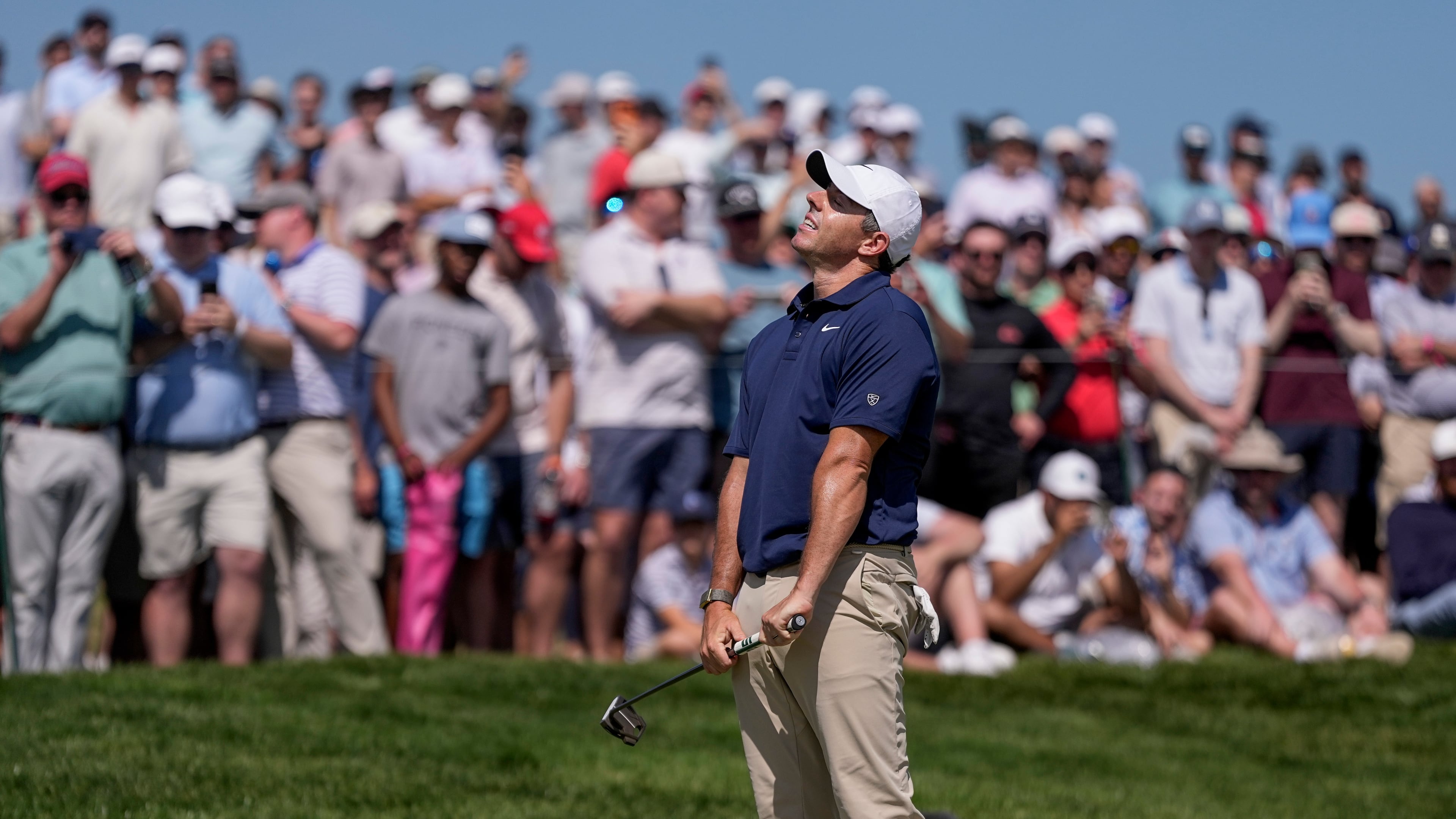 Rory McIlroy, of Northern Ireland, reacts to a missed putt on the seventh green during the final round of the PGA Championship golf tournament at Aronimink Golf Club, Sunday, May 17, 2026, in Newtown Square, PA. (AP Photo/Matt Slocum)