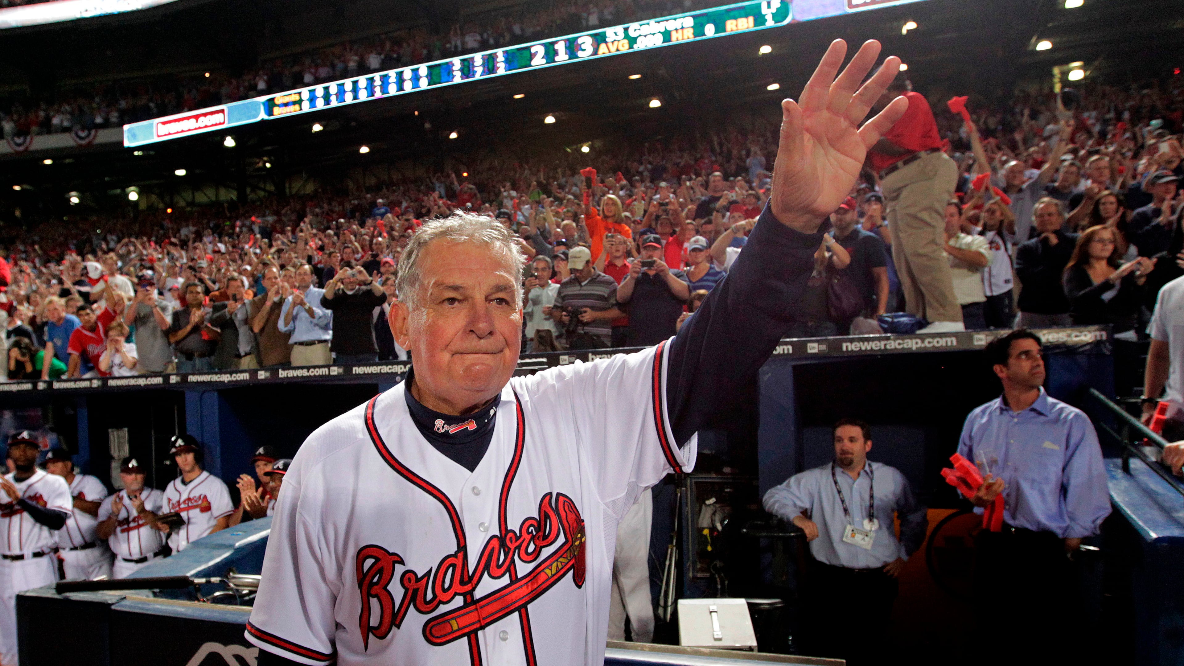 FILE - Atlanta Braves manager Bobby Cox waves to fans after a loss to the San Francisco Giants in Game 4 of baseball's National League Division Series in Atlanta, Oct. 11, 2010. (AP Photo/Dave Martin, File)