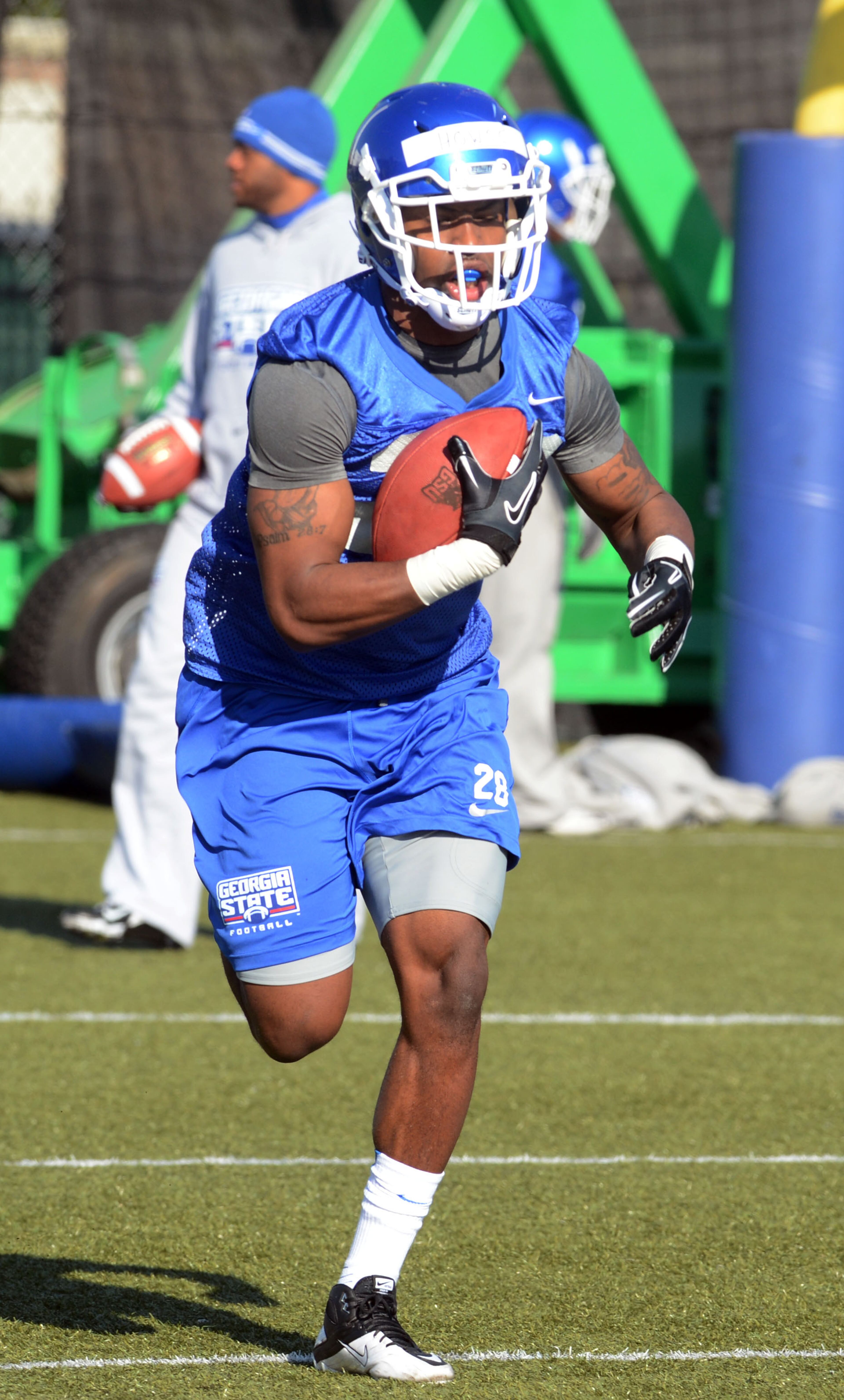 RB Gerald Howse, of Mufreesboro TN, runs during Weds practice. Georgia State opened its first spring practice under new head coach Trent Miles at the GSU Practice Complex in downtown Atlanta Wednesday, March 27, 2013. The Panthers prepare for a 2013 season that will see them move to the Sun Belt conference and the Football Bowl Subdivision (FBS).