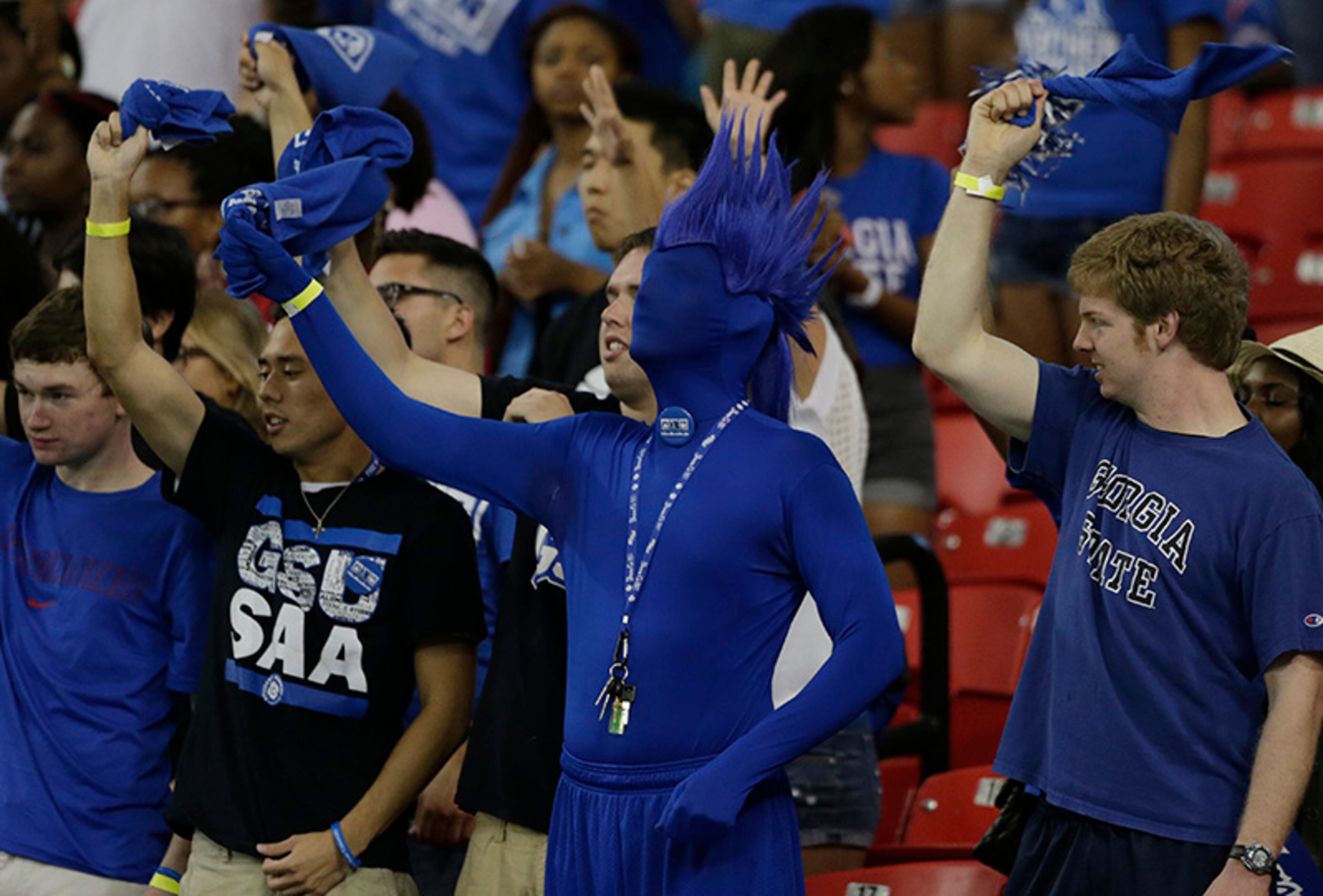 Georgia State fans cheer during the first half of their NCAA college football game against Samford in Atlanta Friday, Aug. 30, 2013.