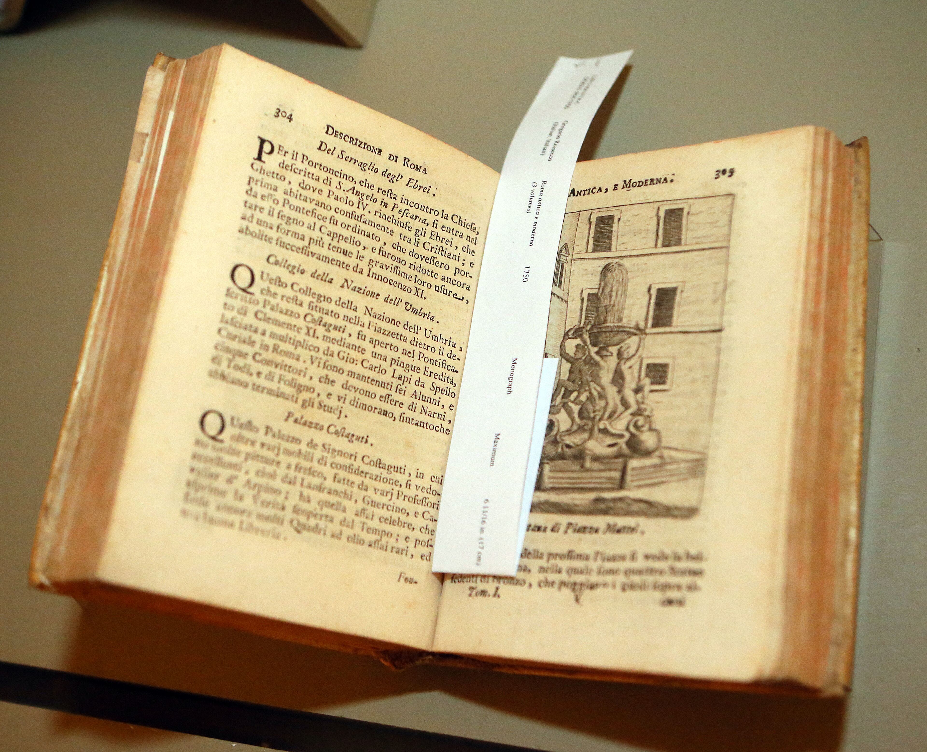 August 15, 2013-DECATUR: This 1750's era book Roma Antica Moderna by Gregorio Rolsecco is part of the new exhibit "Renaissance and Baroque Image of Rome" at the Michael C. Carlos Museum at Emory University in Decatur on Thursday August 15th, 2013. PHIL SKINNER / PSKINNER@AJC.COM editor's note: CQ according to PR rep