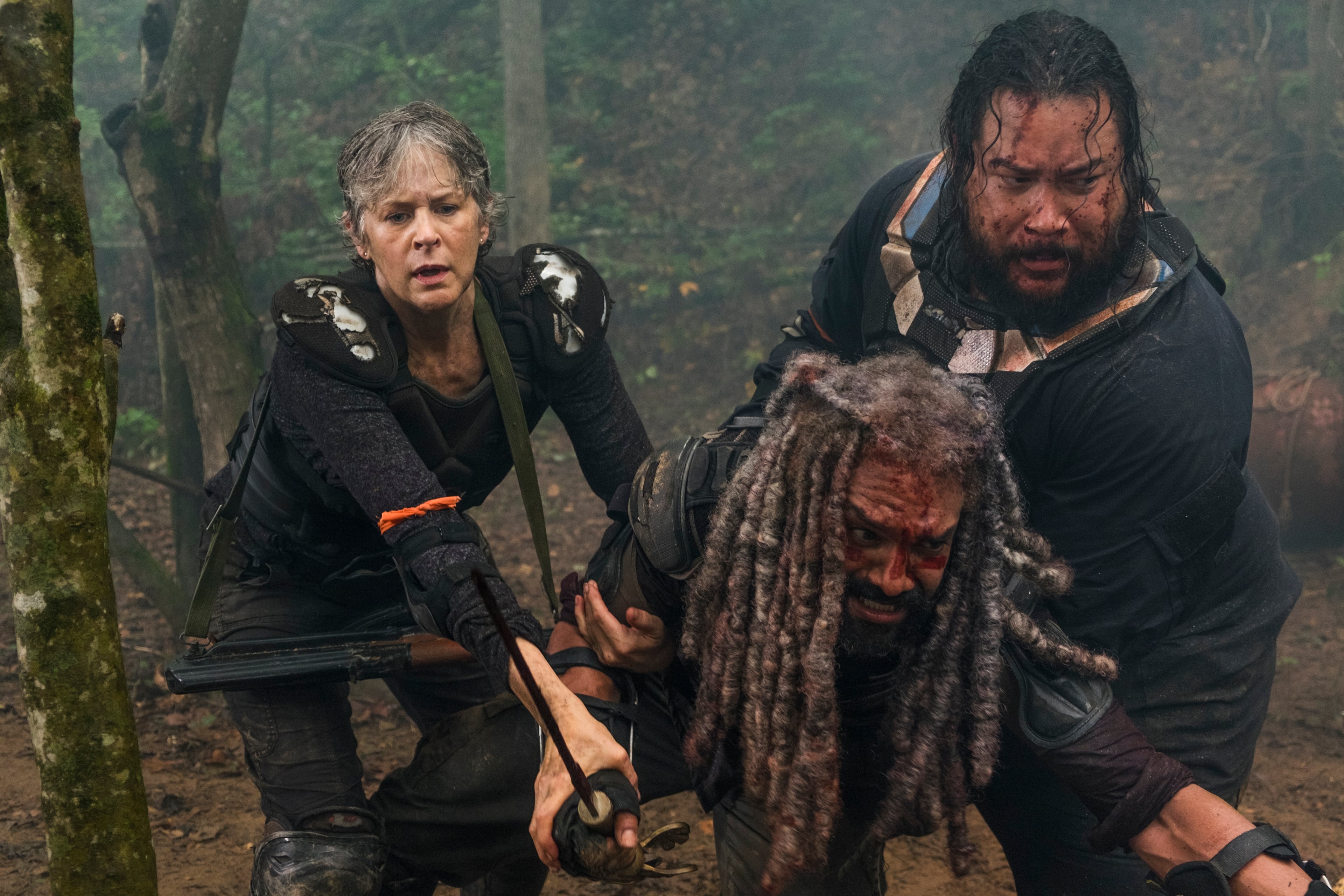 Khary Payton as Ezekiel, Melissa McBride as Carol Peletier, Cooper Andrews as Jerry - The Walking Dead _ Season 8, Episode 4 - Photo Credit: Gene Page/AMC