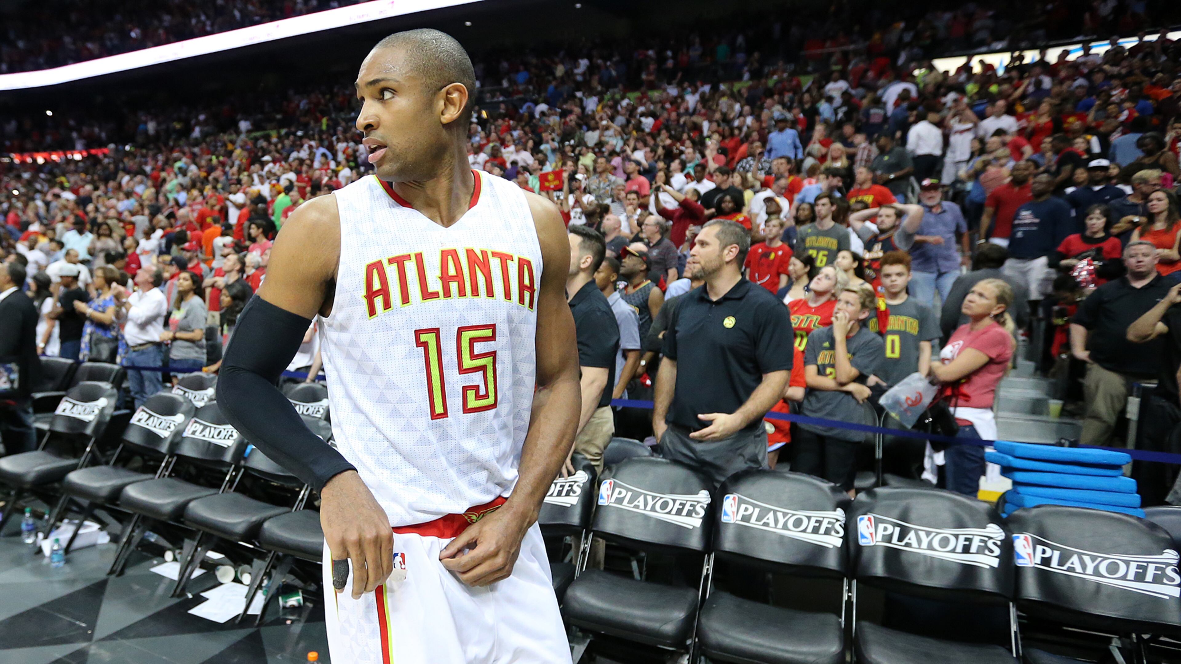 Hawks center Al Horford walks off the court for possibly the last time as an Atlanta player following Sunday's loss to the Cleveland Cavaliers. Horford is an unrestricted free agent. (Curtis Compton / ccompton@ajc.com)