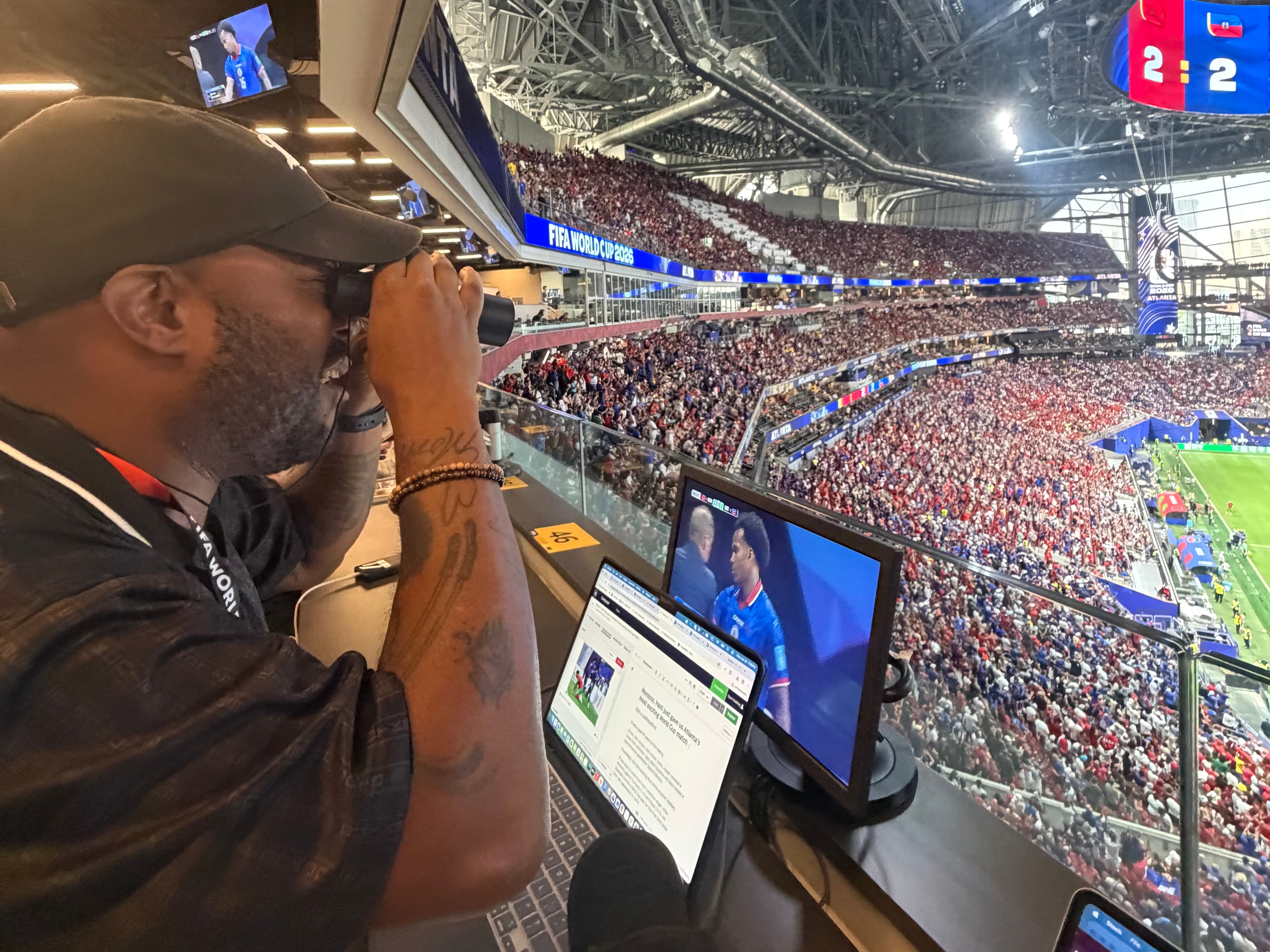 AJC senior reporter at the 2026 FIFA World Cup group stage match between Morocco and Haiti on Wed., June 24. (Kimberly Johnson/AJC)