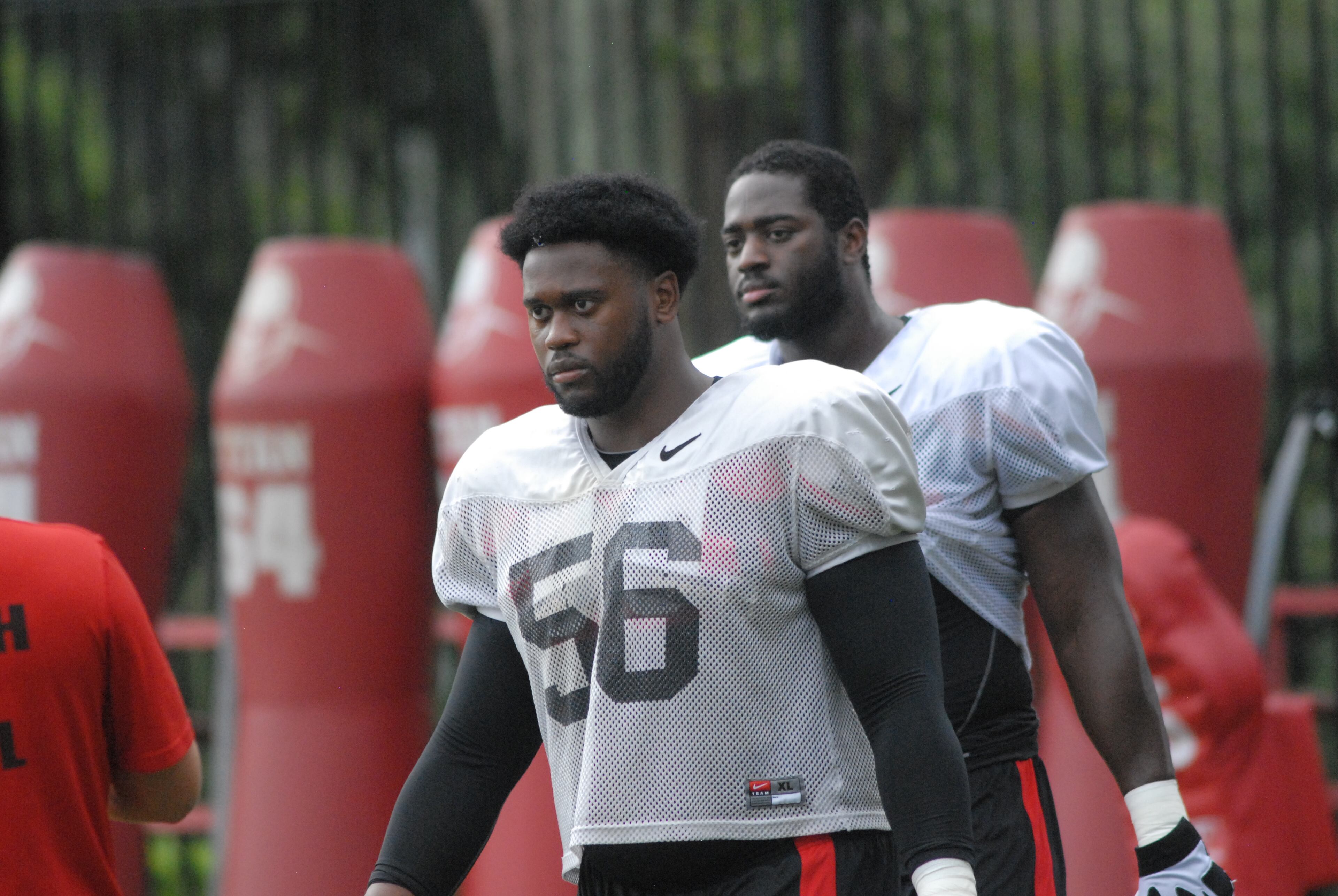 End Garrison Smith (56) looks on during Georgia's practice Thursday, Aug. 8, 2013, in Athens, Ga. (Photo by Steven Colquitt)