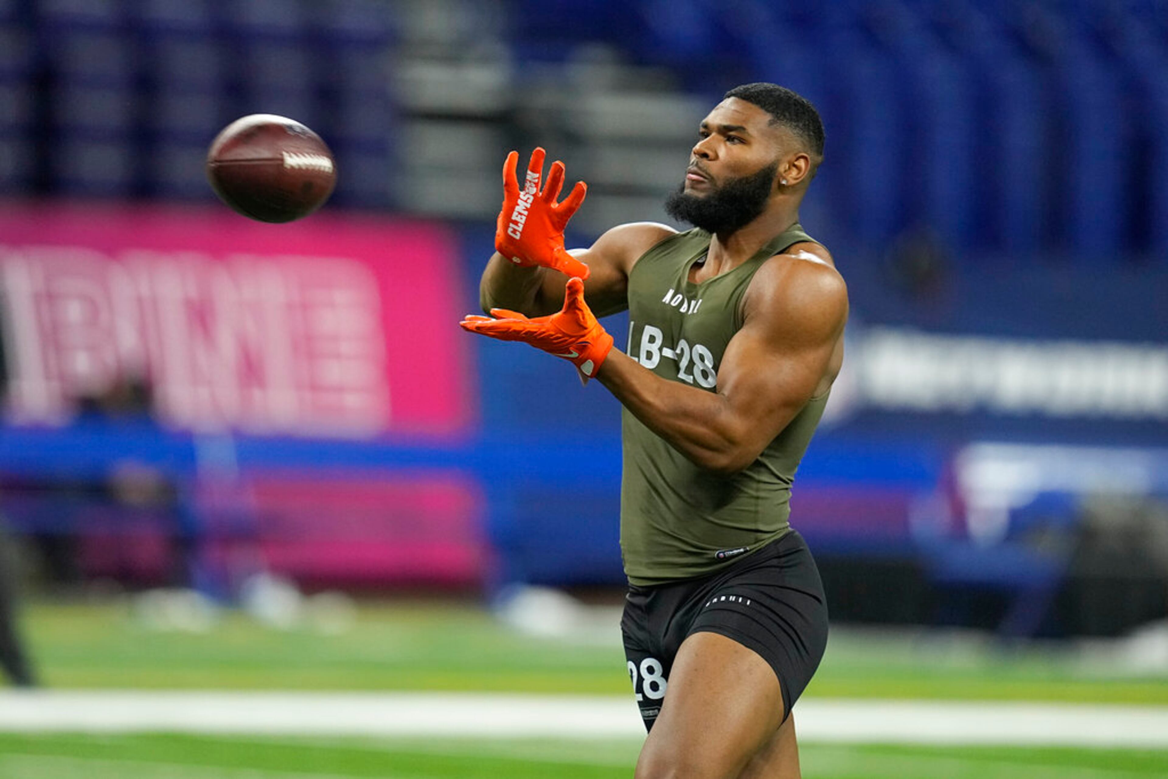 Georgia Tech linebacker Charlie Thomas runs a drill at the NFL football scouting combine in Indianapolis, Thursday, March 2, 2023. (AP Photo/Darron Cummings)