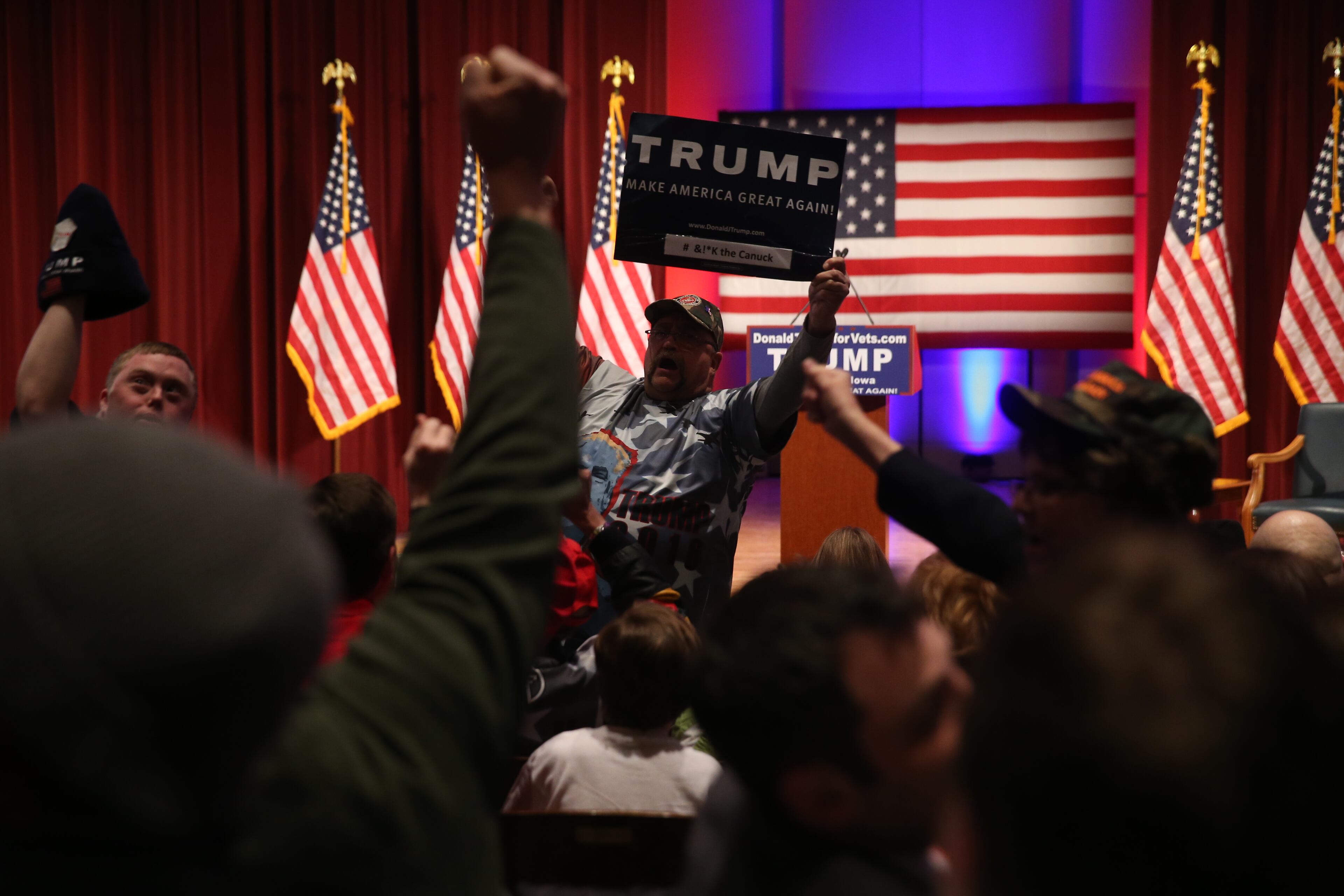People cheer before the arrival of Republican presidential candidate Donald Trump for at a rally at Drake University in Des Moines, Iowa, Thursday, Jan. 28, 2016. (AP Photo/Andrew Harnik)