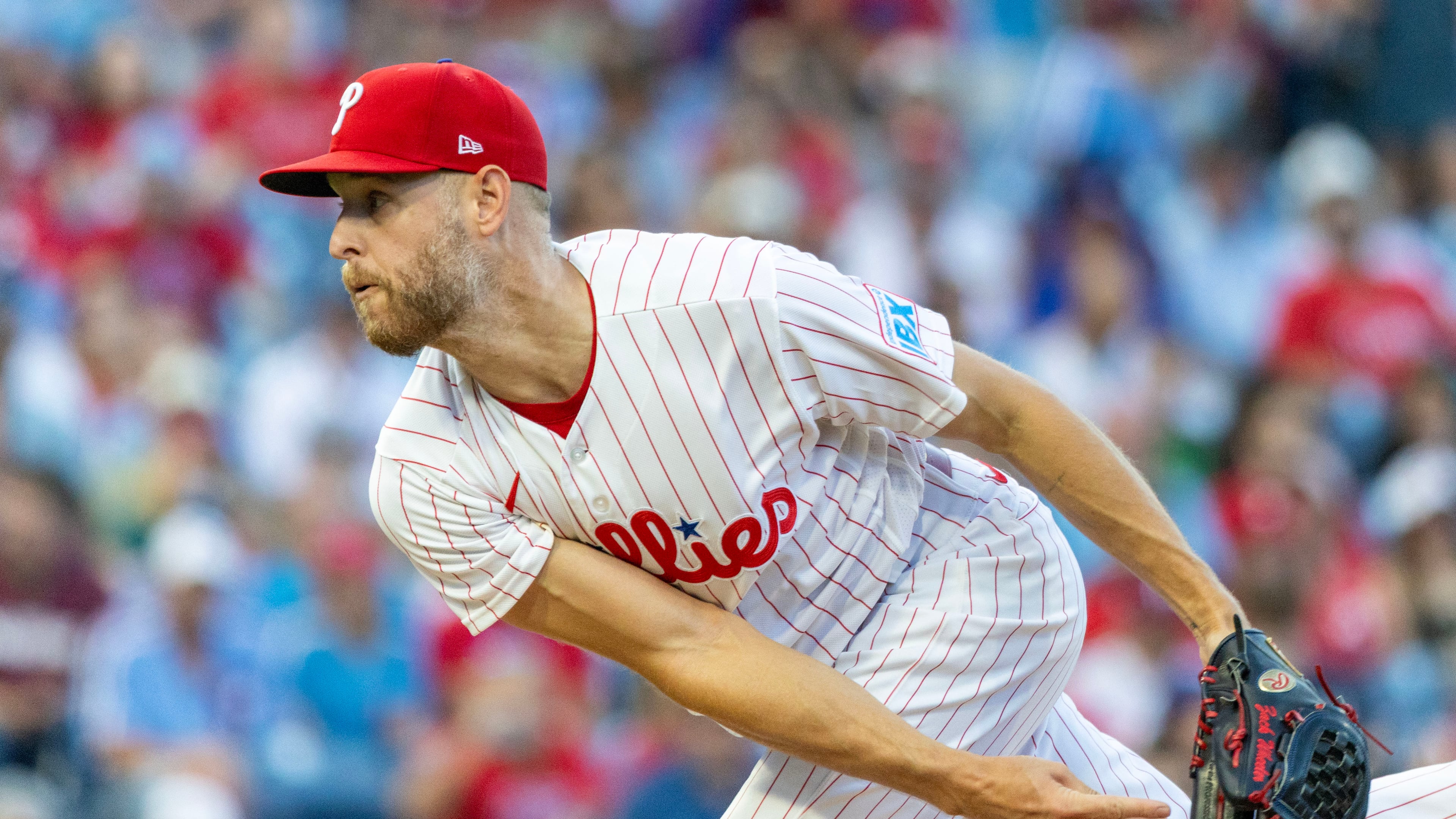 Philadelphia Phillies pitcher Zack Wheeler throws in the first inning of a baseball game against the Atlanta Braves, Saturday, Sept. 5, 2026, in Philadelphia. (AP Photo/Laurence Kesterson)