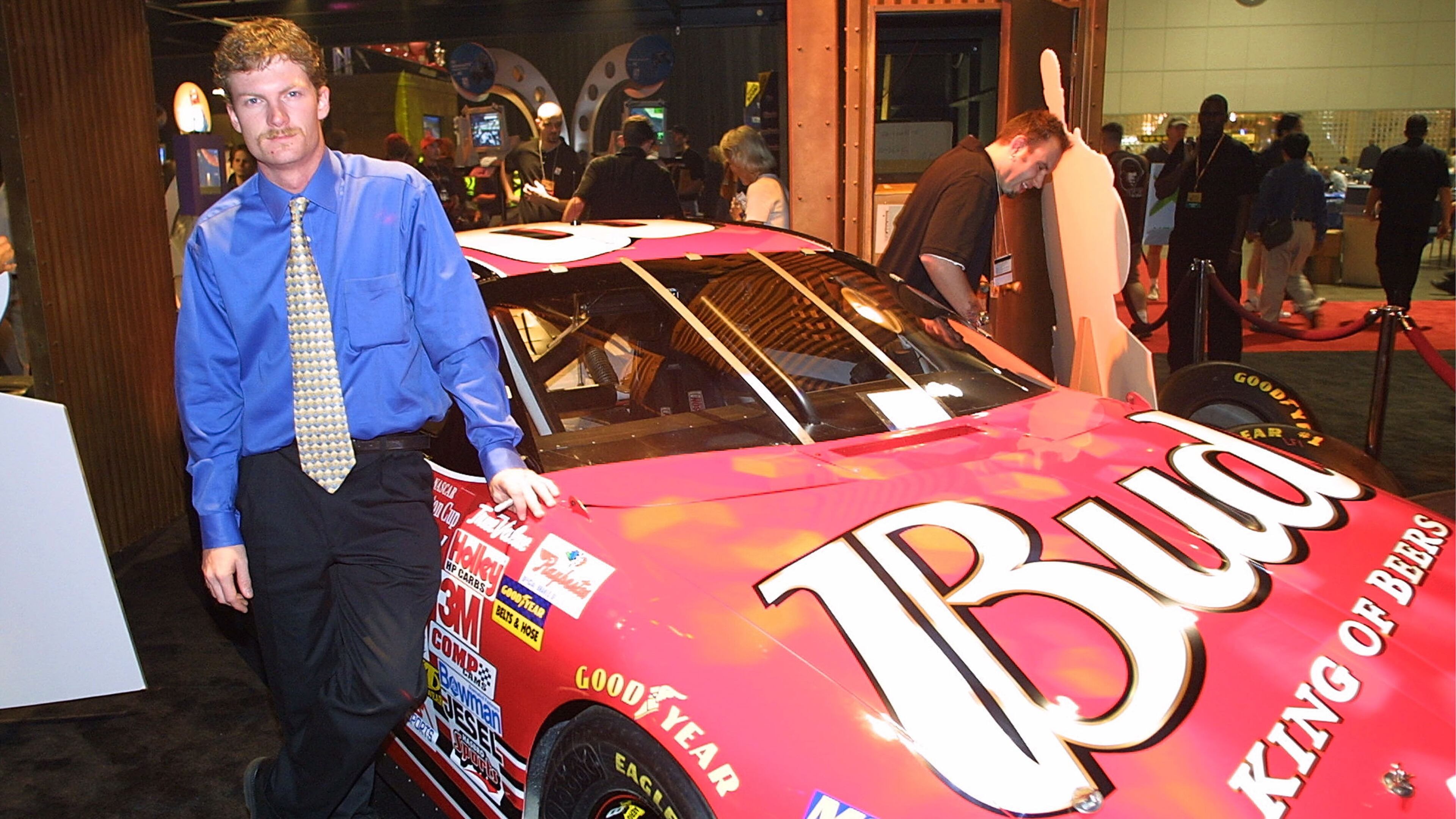 17 May 2001: Dale Earnhardt, Jr. stands beside his car at the Los Angeles Convention Center in promotion of the newly released Interact Accesories'' Blue Thunder Racing Wheel. Mandatory Credit: Jason Kirk/ALLSPORT