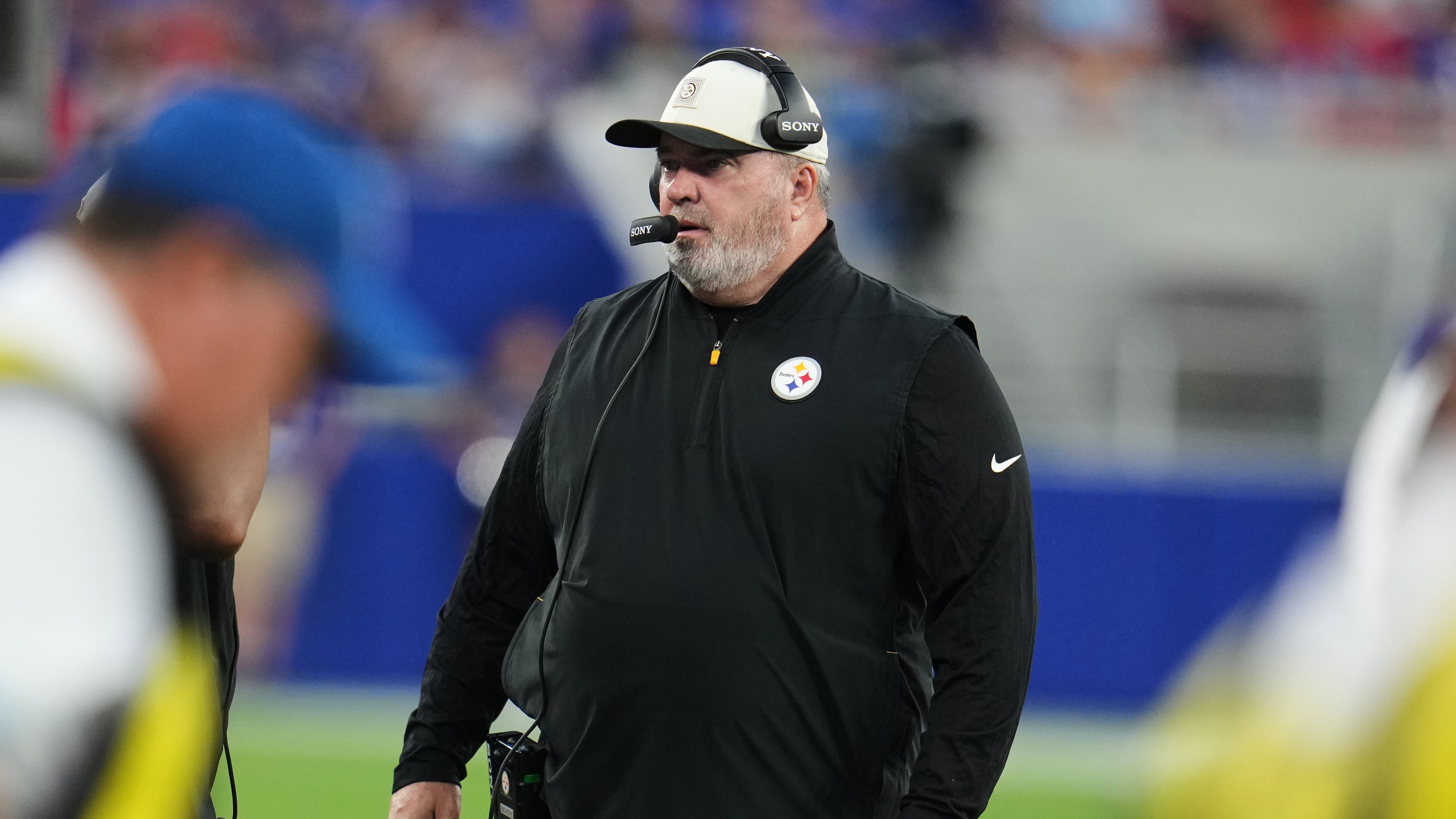 Pittsburgh Steelers head coach Mike McCarthy stands on the field in the first half of a preseason NFL football game against the Buffalo Bills in Orchard Park, NY., Thursday, Aug. 27, 2026. (AP Photo/Gene J. Puskar)