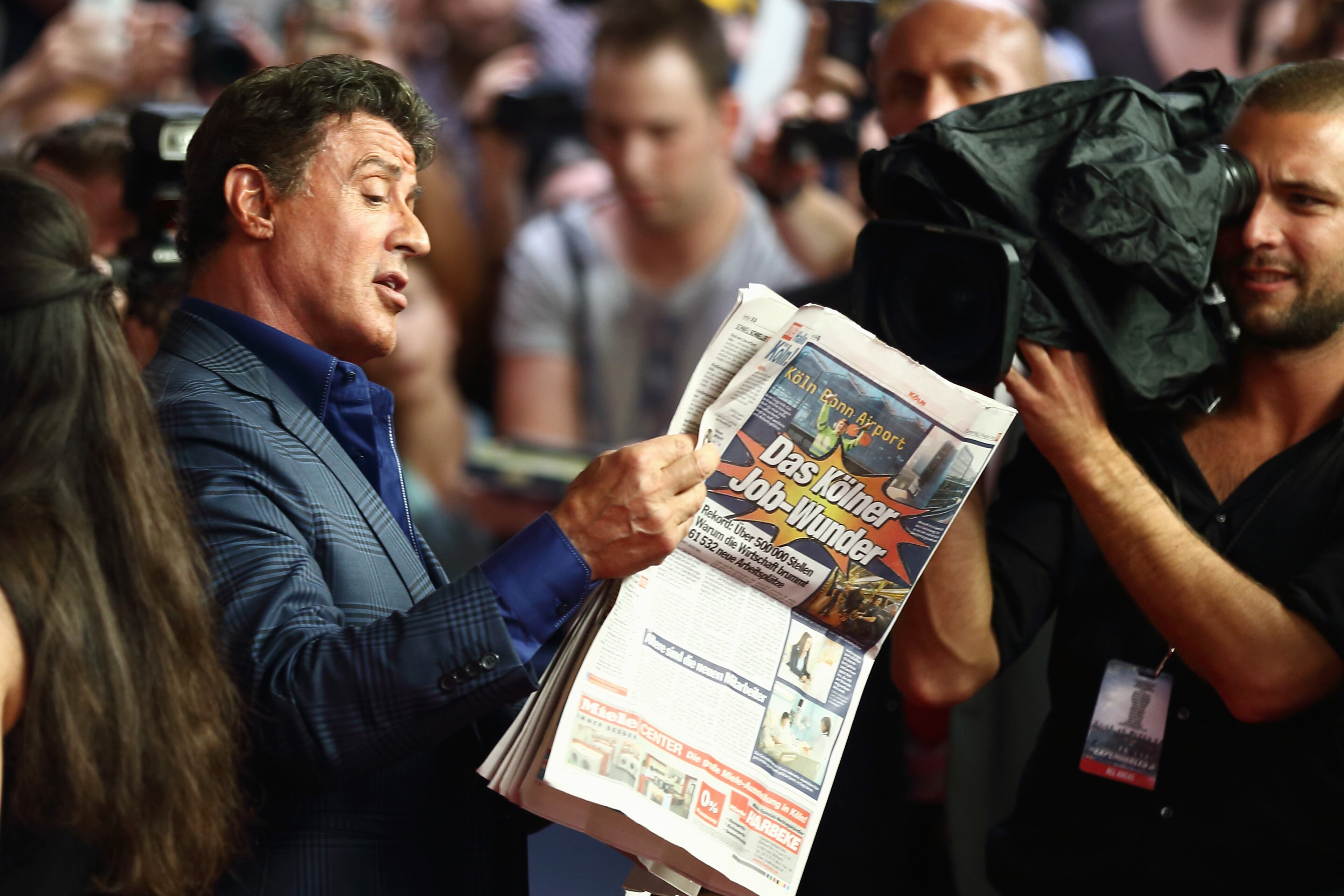 COLOGNE, GERMANY - AUGUST 06: Sylvester Stallone attends the German premiere of the film 'The Expendables 3' at Residenz Kino on August 6, 2014 in Cologne, Germany. (Photo by Andreas Rentz/Getty Images)