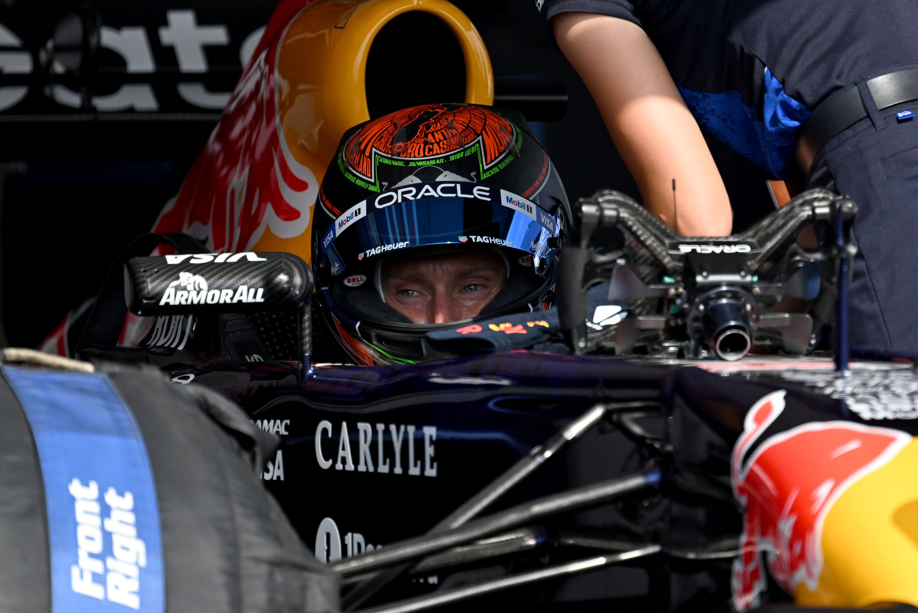 A driver of the Oracle Red Bull Racing Formula One car prepares for a demonstration run on Hank Aaron Drive during the Red Bull Showrun Atlanta Presented by Ford Racing on Saturday, Aug. 1, 2026, in Atlanta. Atlanta city officials this week approved permits for the Red Bull Showrun that will allow the live motorsports demonstration event to go on as advertised along a roughly half-mile stretch of Hank Aaron Drive — a backup location after earlier plans to hold the event near Piedmont Park ran into opposition from Midtown residents. (Hyosub Shin/AJC)