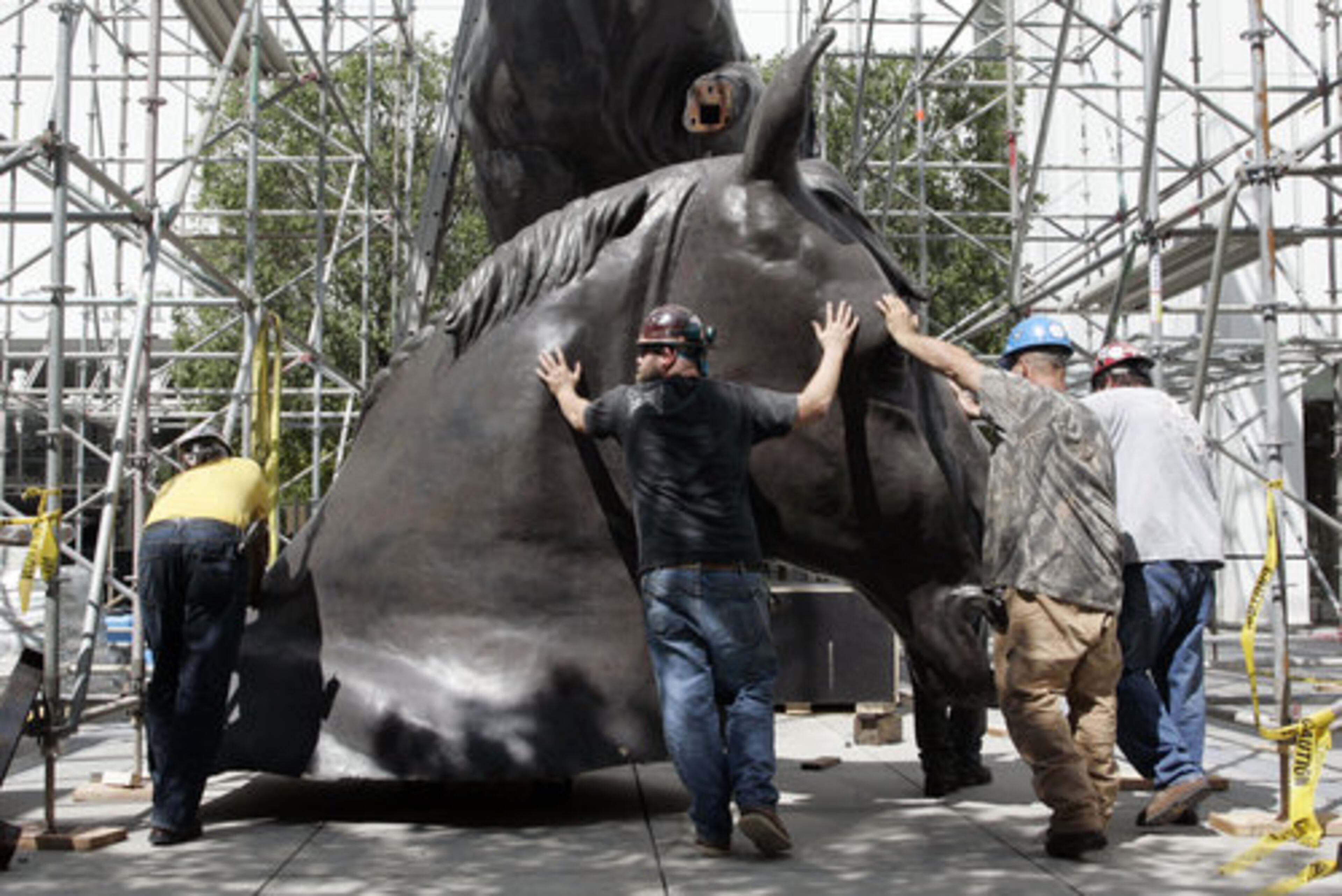 Crews rolls the head of a three-story replica of the da Vinci-designed Sforza Horse.