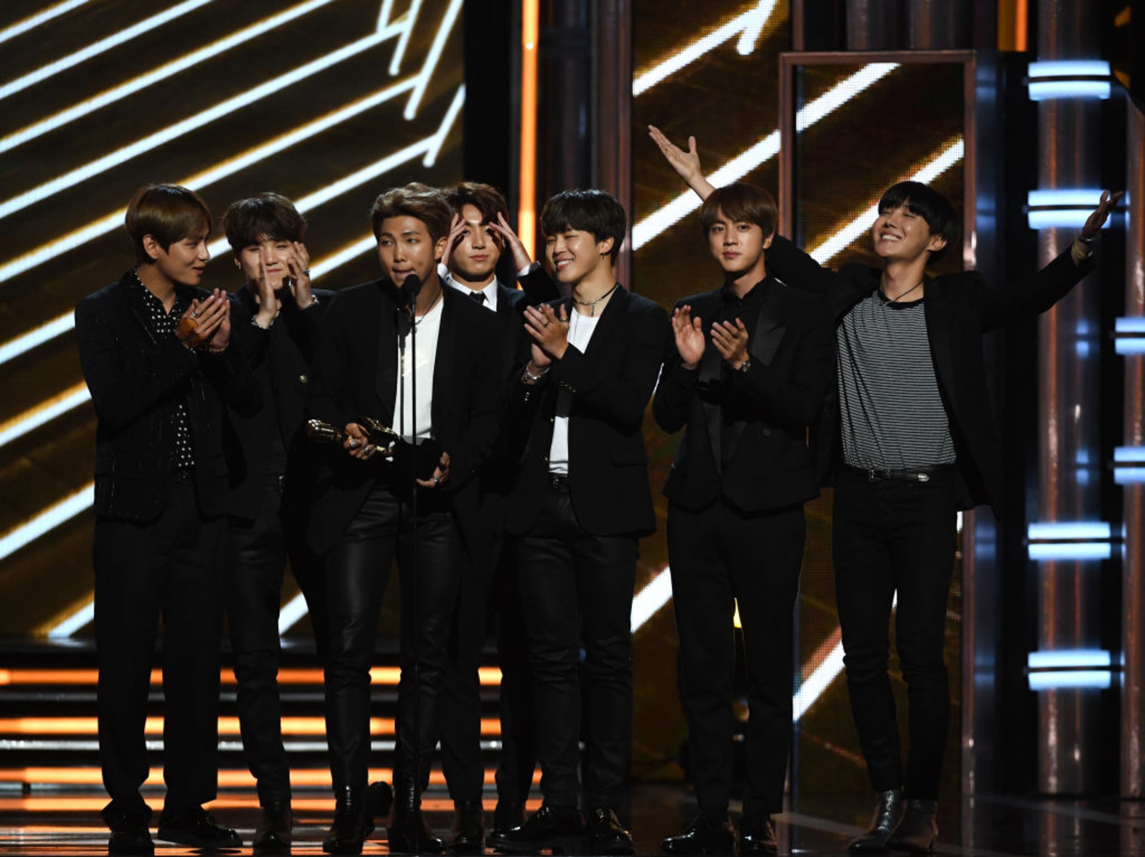 LAS VEGAS, NV - MAY 21: Music group BTS accepts Top Social Artist onstage during the 2017 Billboard Music Awards at T-Mobile Arena on May 21, 2017 in Las Vegas, Nevada. (Photo by Ethan Miller/Getty Images)