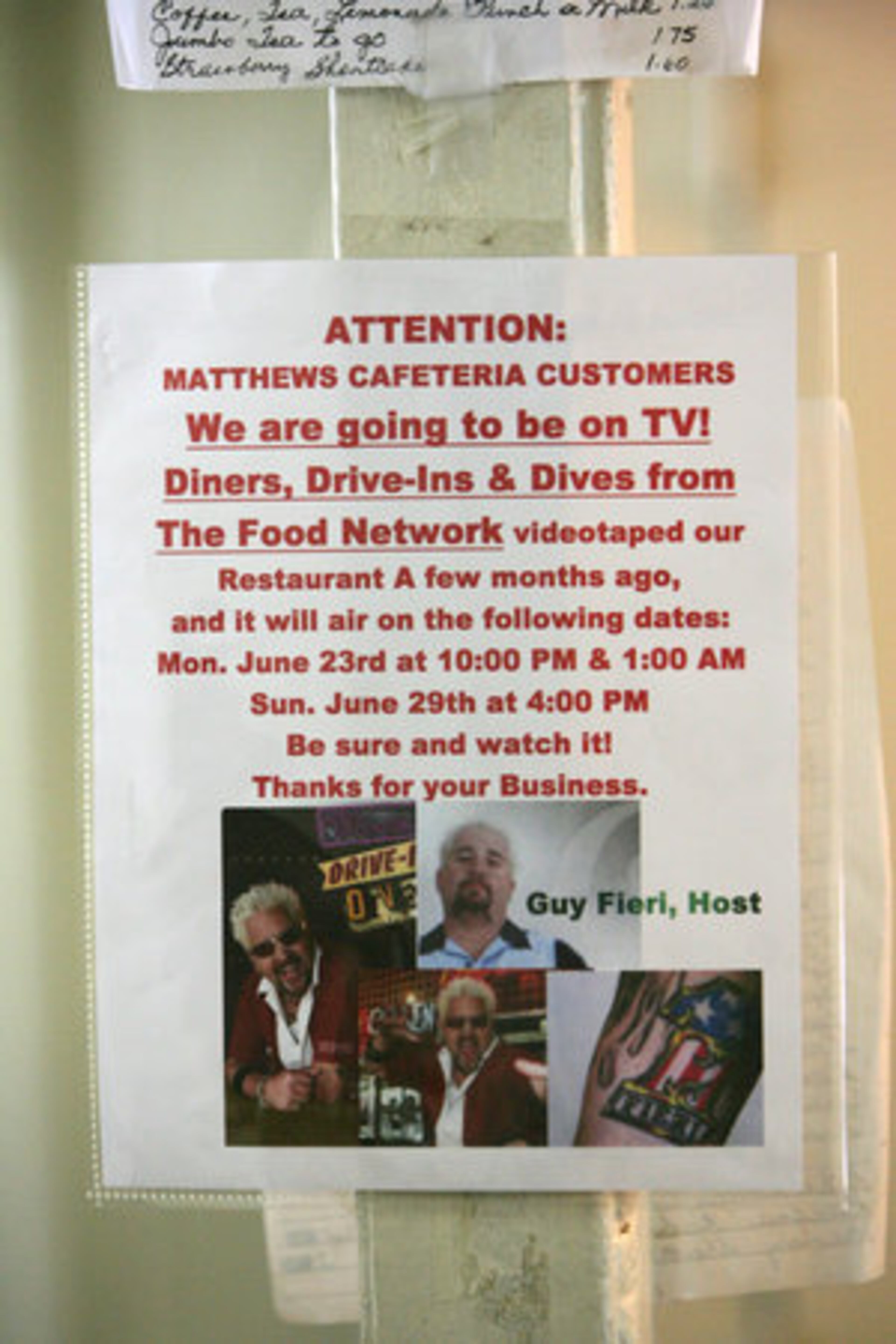 A flier reminds customers that Matthews Cafeteria would be featured on Food Network's "Diners, Drive-Ins and Dives."
