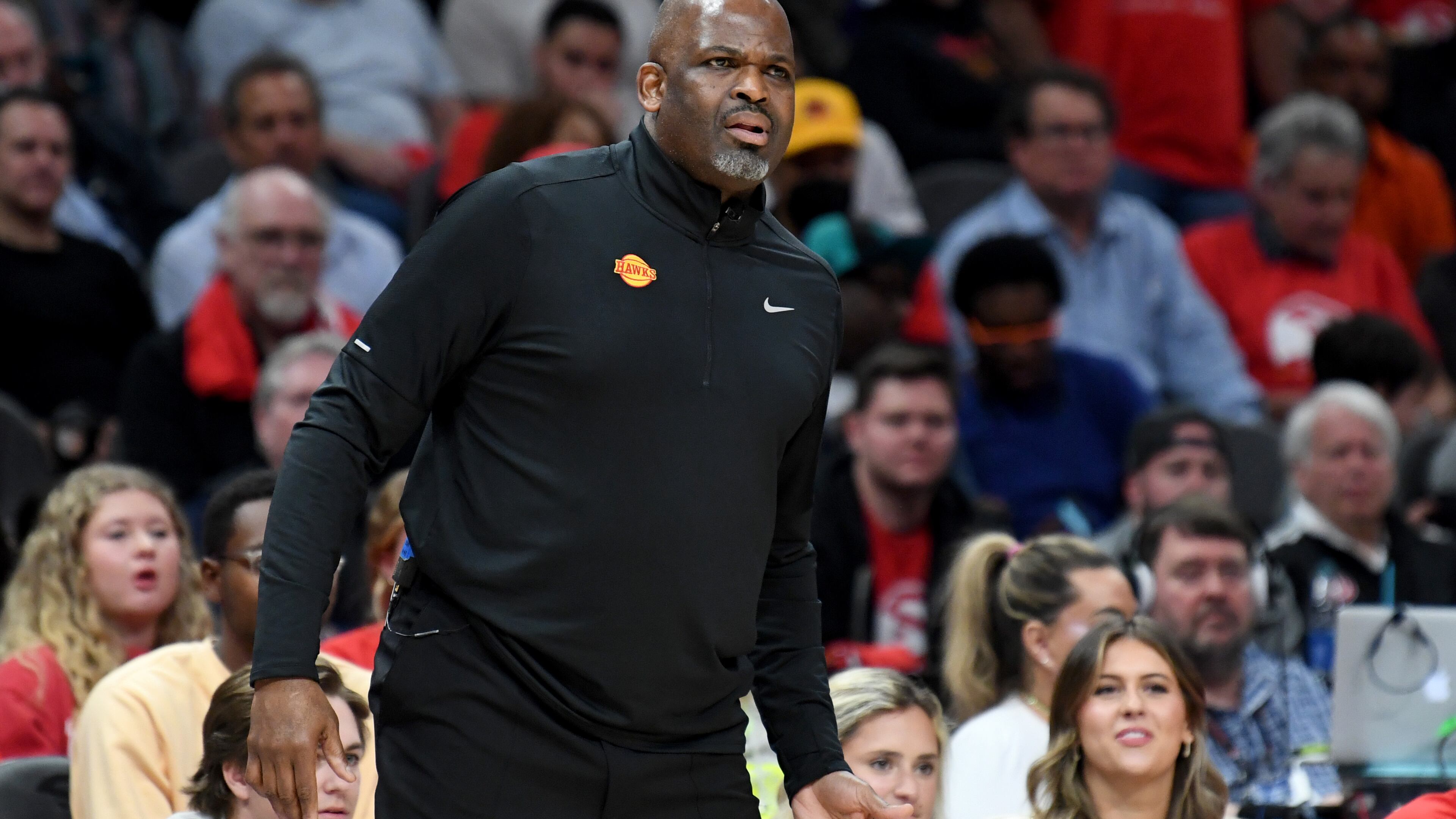 Hawks coach Nate McMillan reacts as he watches from the sideline during the second half of the NBA play-in tournament game against the Hornets on Wednesday night at State Farm Arena. Atlanta won 132-103. (Hyosub Shin / Hyosub.Shin@ajc.com)