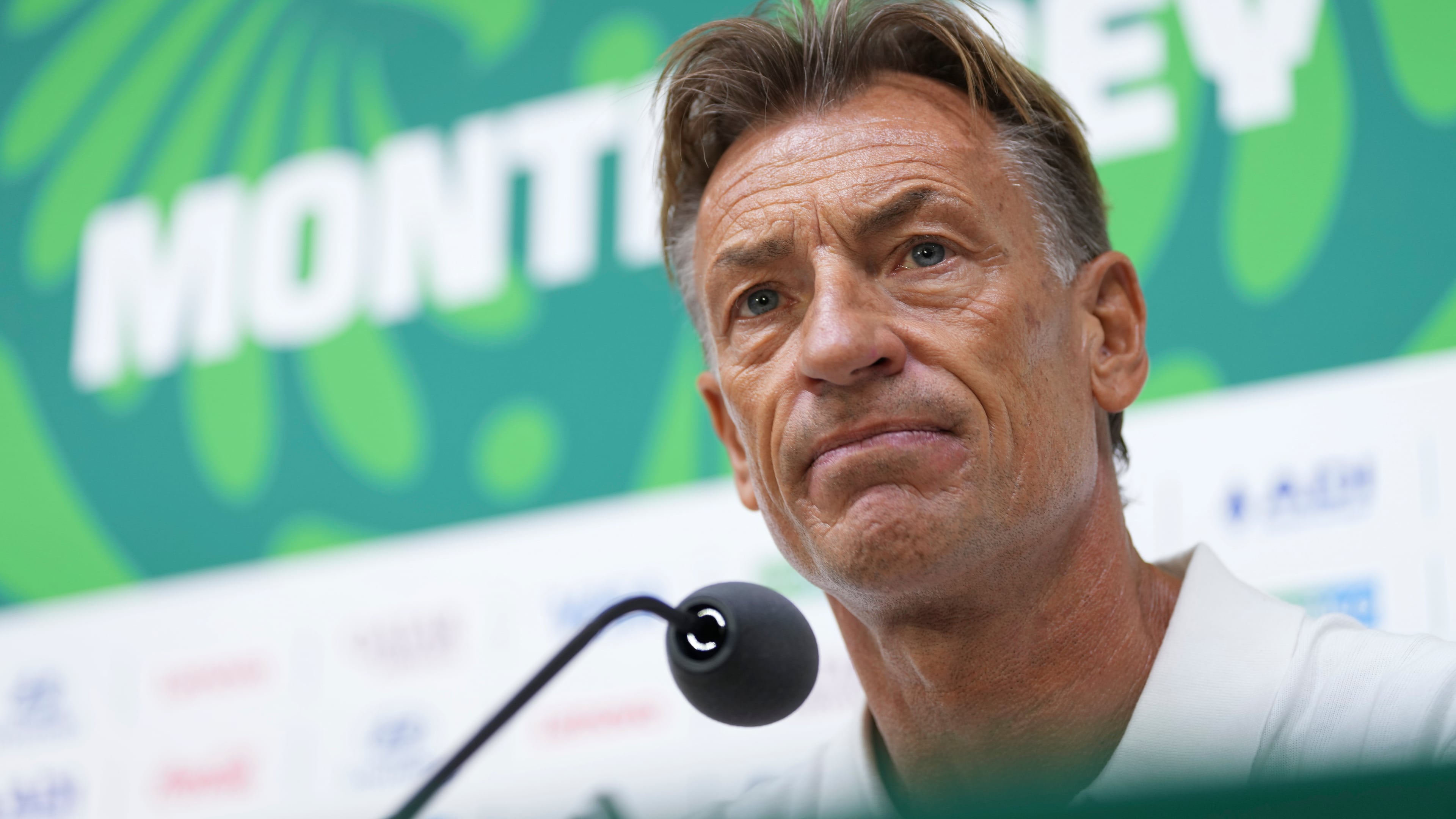 Tunisia's coach Herve Renard gives a press conference ahead of his World Cup Group F soccer match against Japan in Guadalupe, near Monterrey, Mexico, Friday, June 19, 2026.(AP Photo/Matias Delacroix)