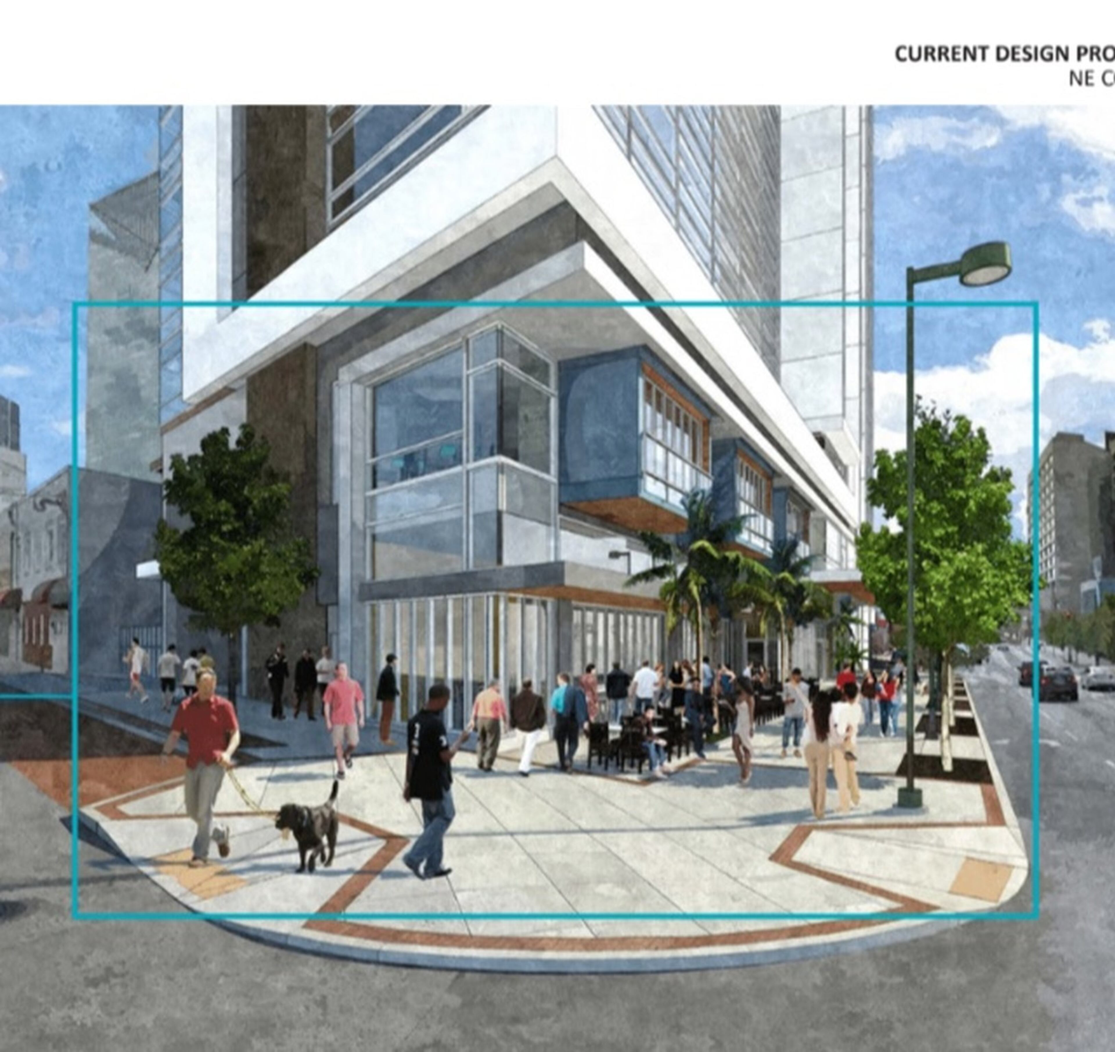 A drawing of the proposed 21-story Margaritaville, topped by 200-plus condo units, at the corner of Centennial Olympic Parkway and Nassau Street. The building that would be torn town, 152 Nassau, would be down past the tree on the left where the fencing is.