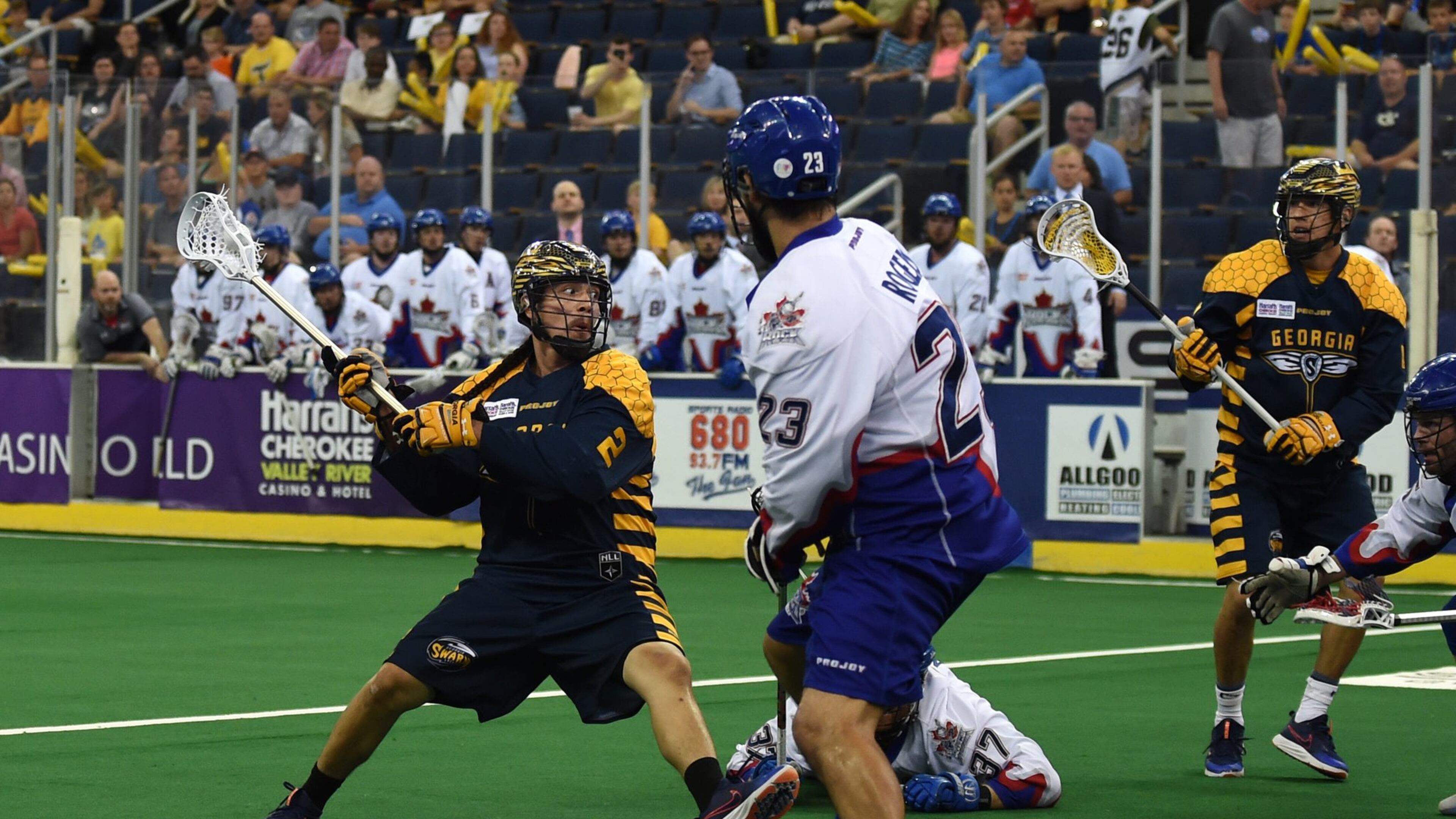 Atlanta Swarm forward Miles Thompson winds up for a shot against Toronto during his team’s National Lacrosse League playoff victory on May 20 at Infinite Energy Arena. (Photo by Paul Sasso, MV Photo Concepts)