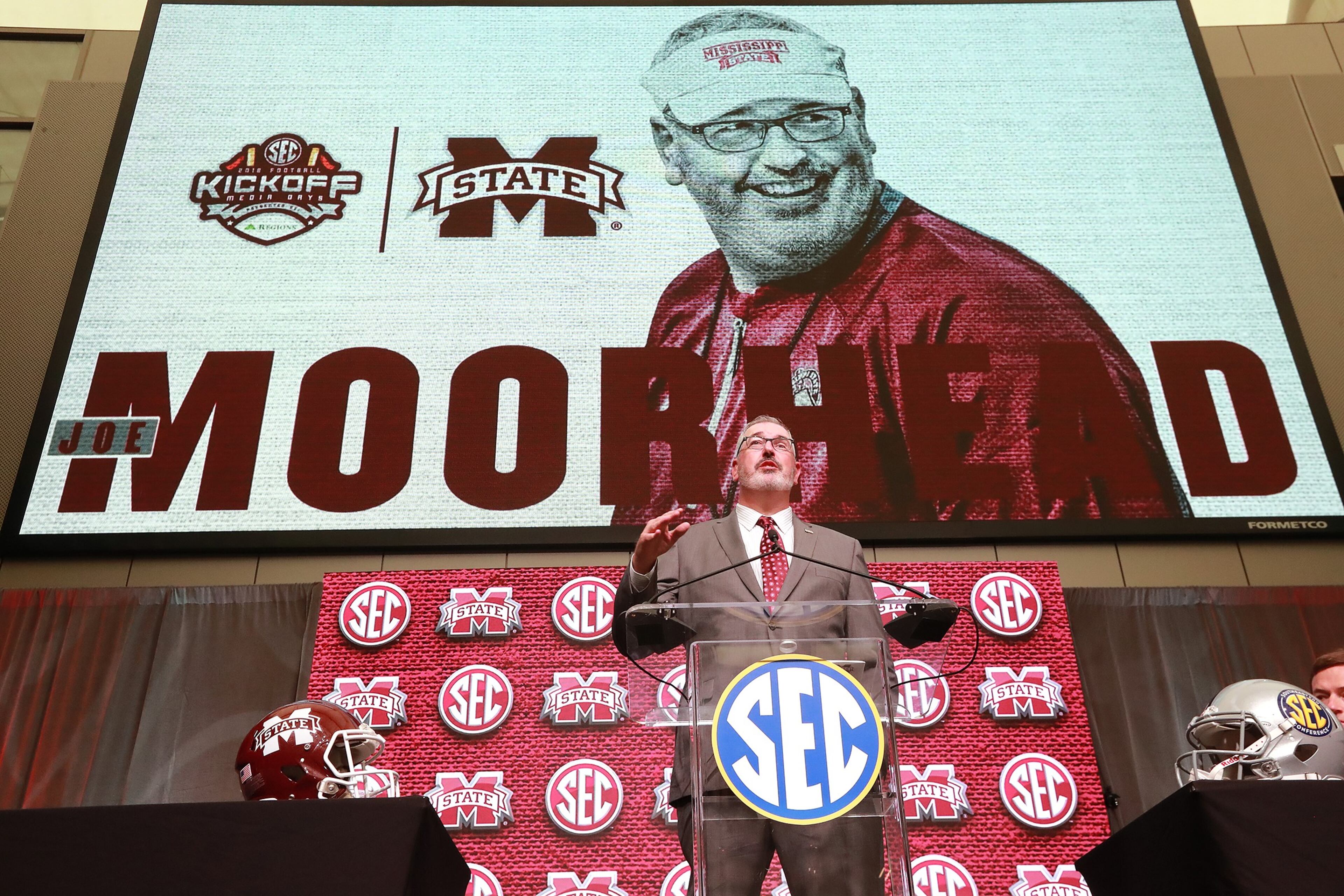 July 18, 2018 Atlanta: Mississippi State head coach Joe Moorhead holds his SEC Media Days press conference at the College Football Hall of Fame on Wednesday, July 18, 2018, in Atlanta. Curtis Compton/ccompton@ajc.com