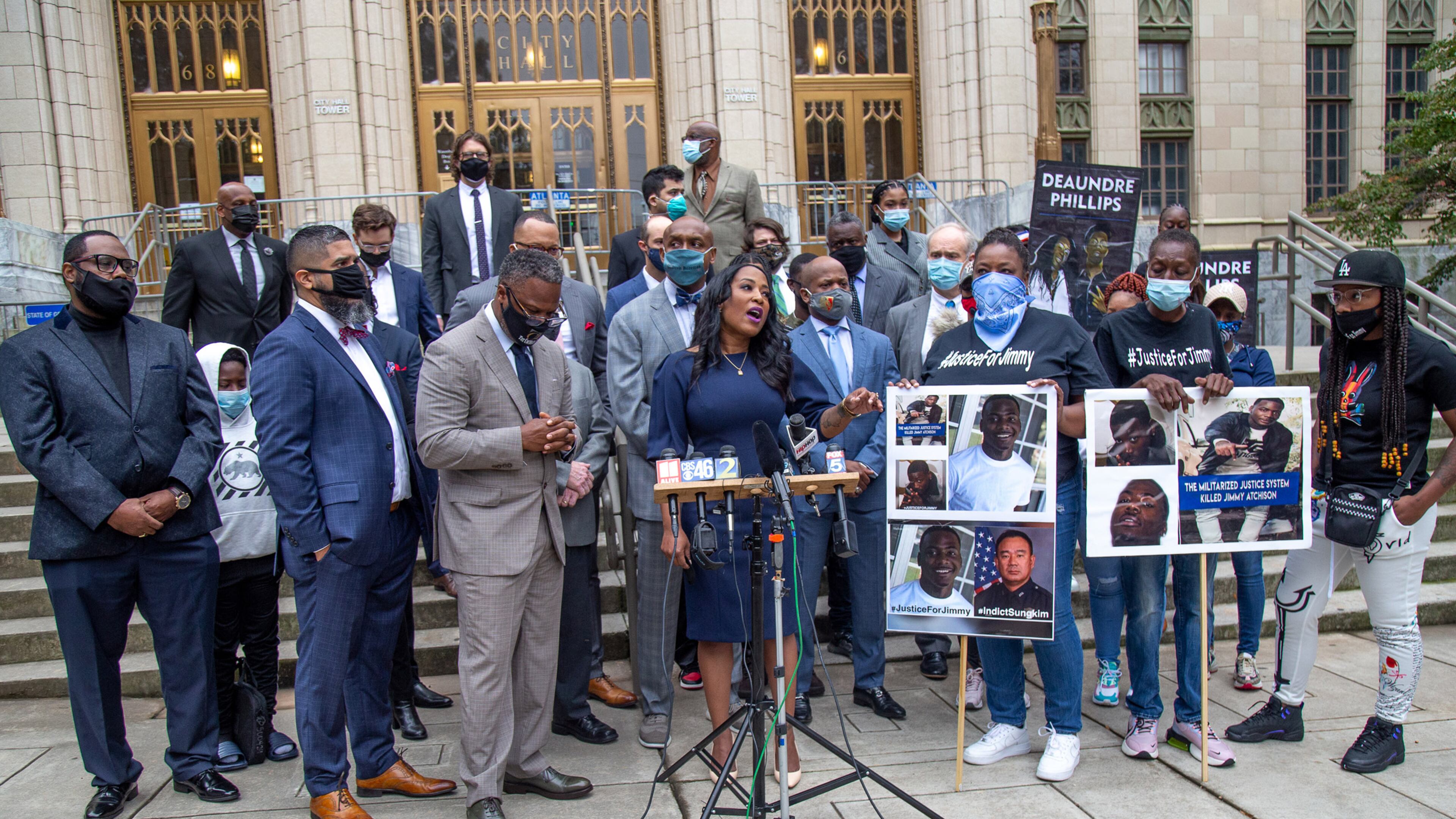 Attorney Tanya Miller talks at a press conference with other lawyers who are currently suing the city of Atlanta on behalf of police brutality victims. STEVE SCHAEFER / SPECIAL TO THE AJC