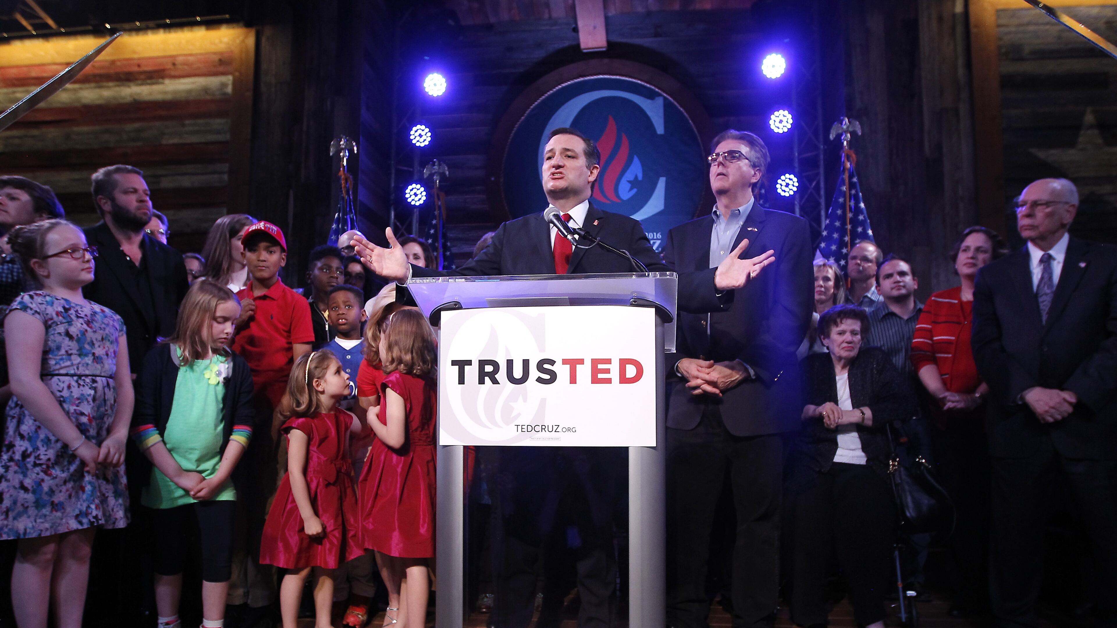 Republican presidential candidate Ted Cruz celebrates at a Super Tuesday watch party at the Redneck Country Club in Stafford, Texas. Erich Schlegel/Getty Images
