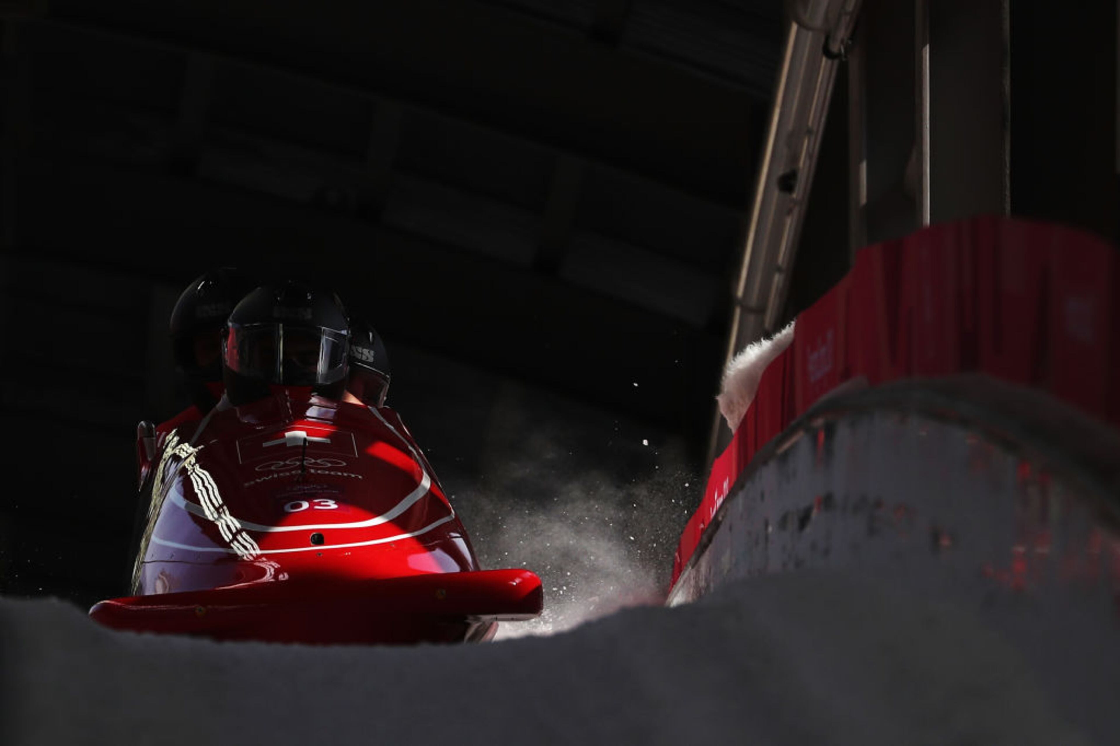 PYEONGCHANG-GUN, SOUTH KOREA - FEBRUARY 25: Nick Poloniato, Cameron Stones, Joshua Kirkpatrick and Ben Coakwell of Canada finish their final run during the 4-man Boblseigh Heats on day sixteen of the PyeongChang 2018 Winter Olympic Games at Olympic Sliding Centre on February 25, 2018 in Pyeongchang-gun, South Korea. (Photo by Al Bello/Getty Images)