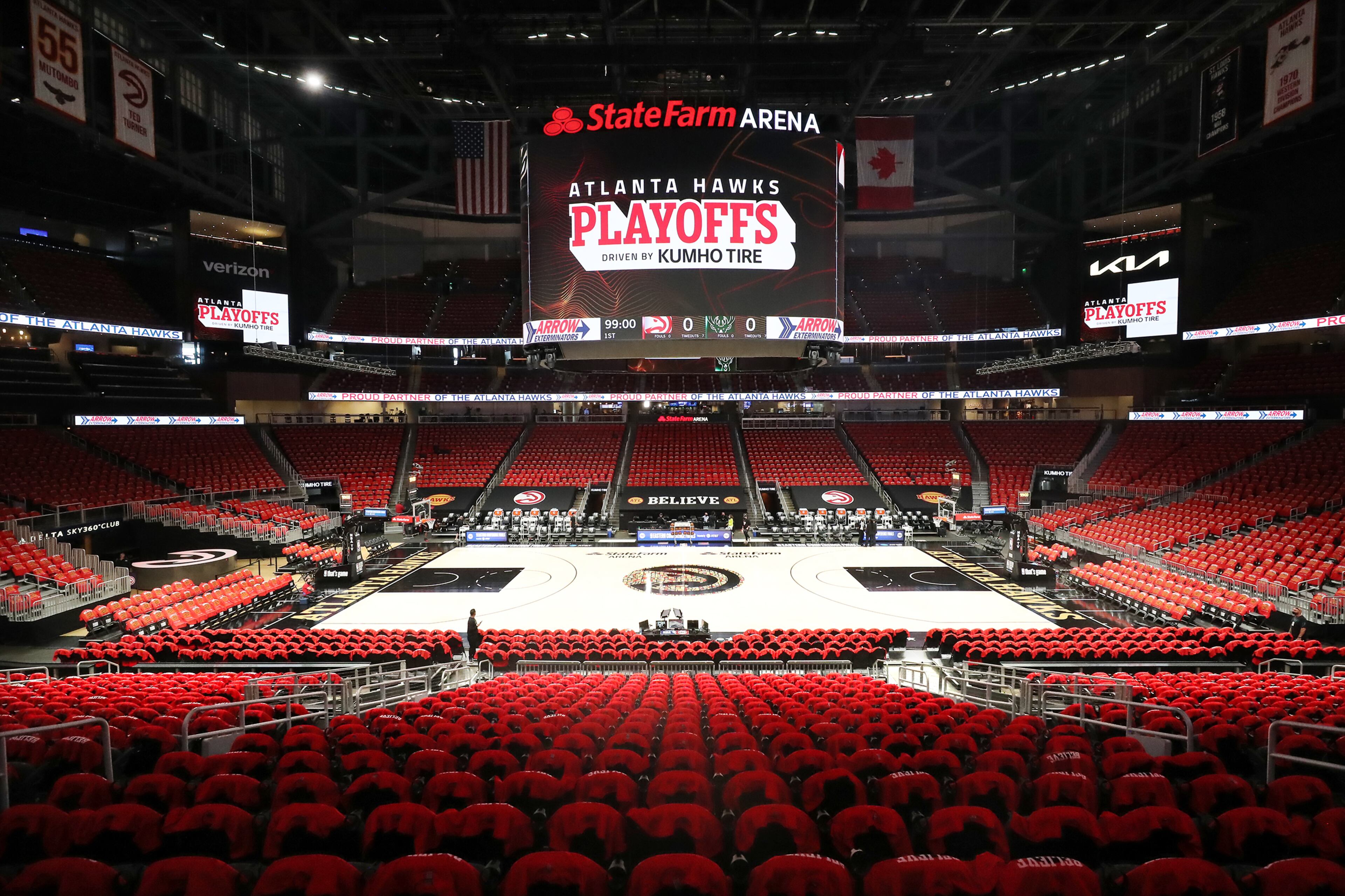 State Farm Arena is set for the Atlanta Hawks to play the Milwaukee Bucks in game 6 of the NBA Eastern Conference Finals on Saturday, July 3, 2021, in Atlanta. “Curtis Compton / Curtis.Compton@ajc.com”