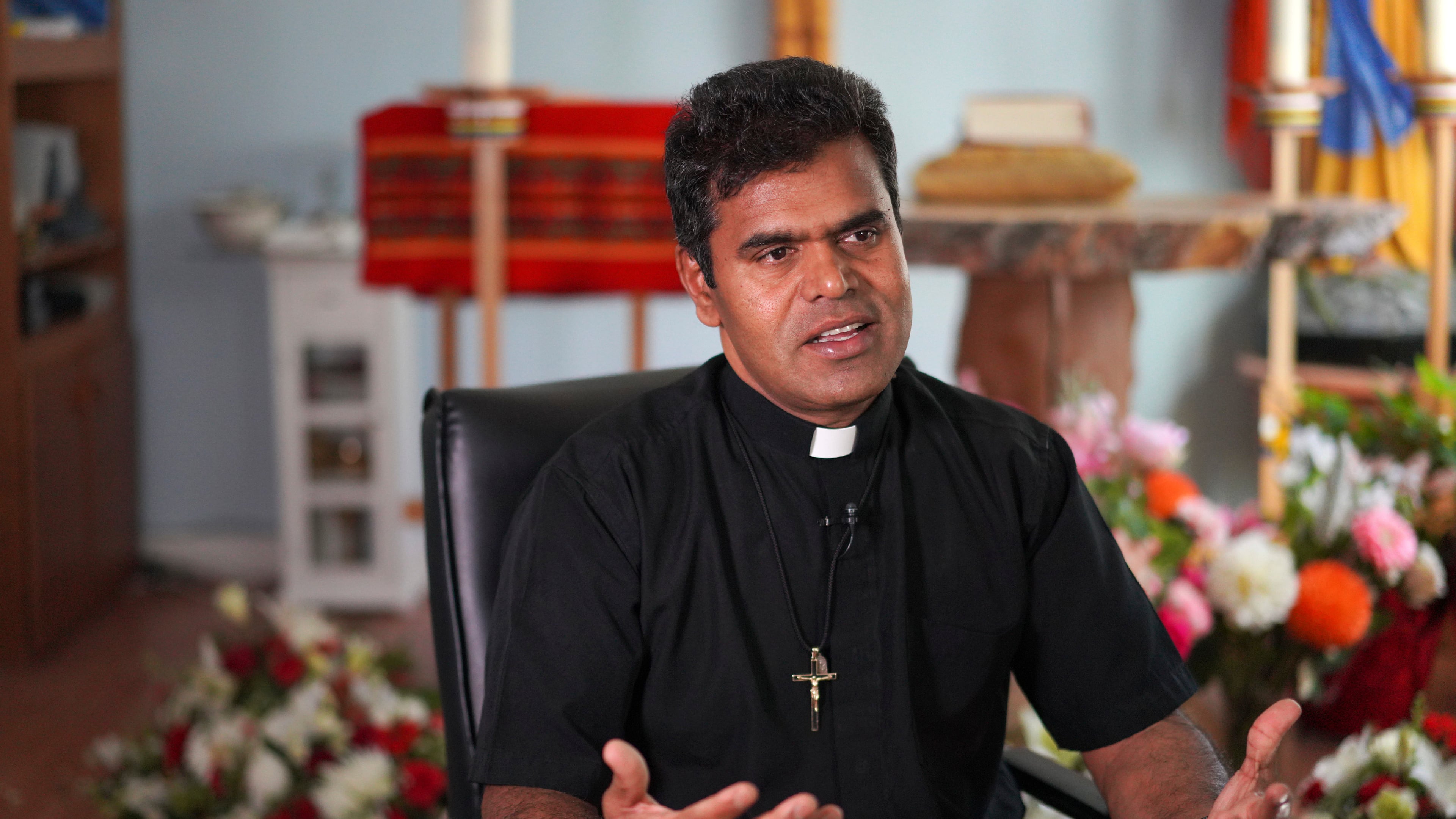 The Rev. Susai Jesu, recently named archbishop of Keewatin-Le Pas, gives an interview at the Sacred Heart Church of the First Peoples where he was once pastor, on Wednesday, July 20, 2022, in Edmonton, Alberta. (AP Photo/Jessie Wardarski)