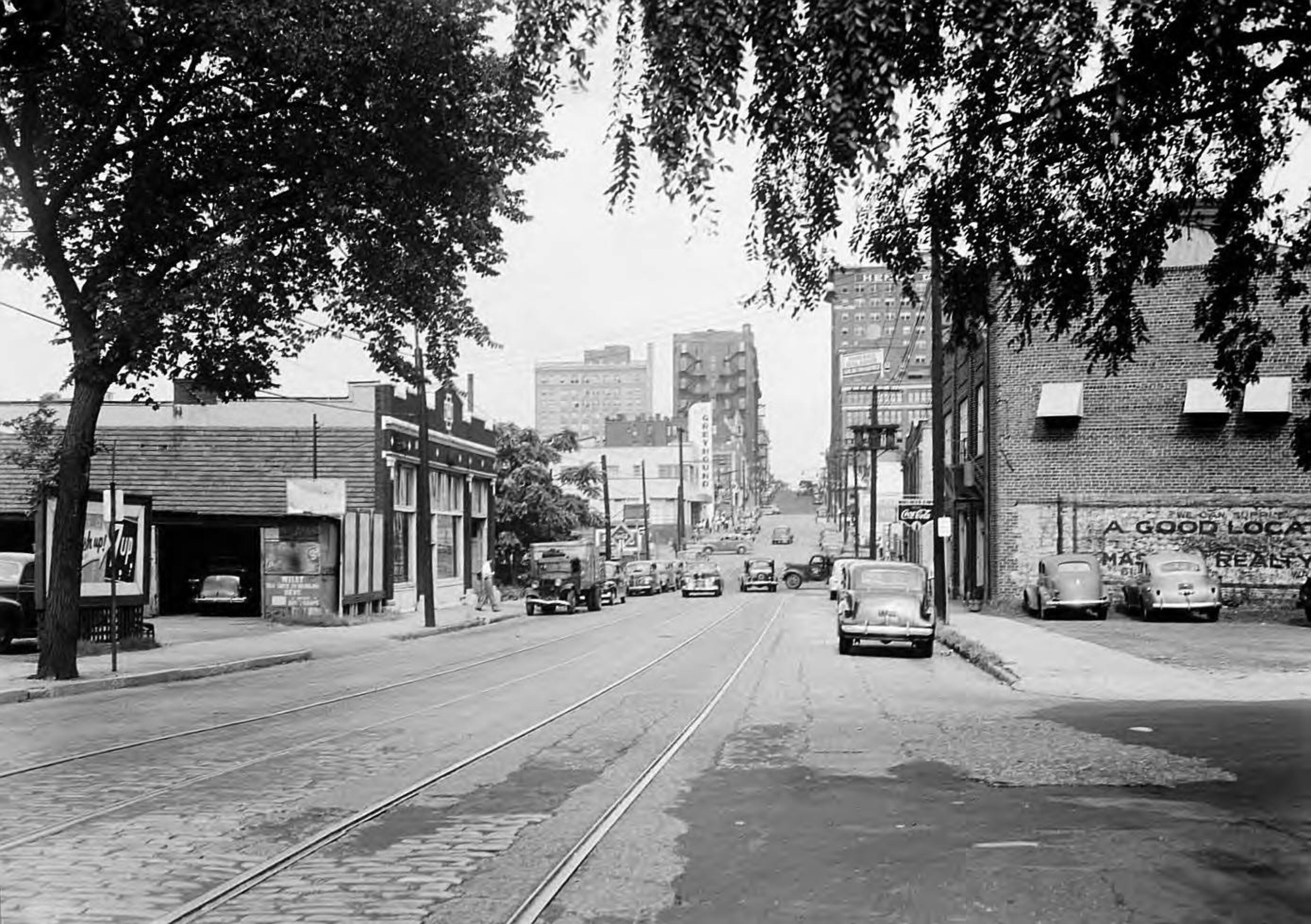 There was no identification on this shot from 1944, but the Greyhound bus terminal in the background on the left was located on Cain Street in downtown Atlanta. LBGPF8-040a, Lane Brothers Commercial Photographers Photographic Collection, 1920-1976. Photographic Collection, Special Collections and Archives, Georgia State University Library.