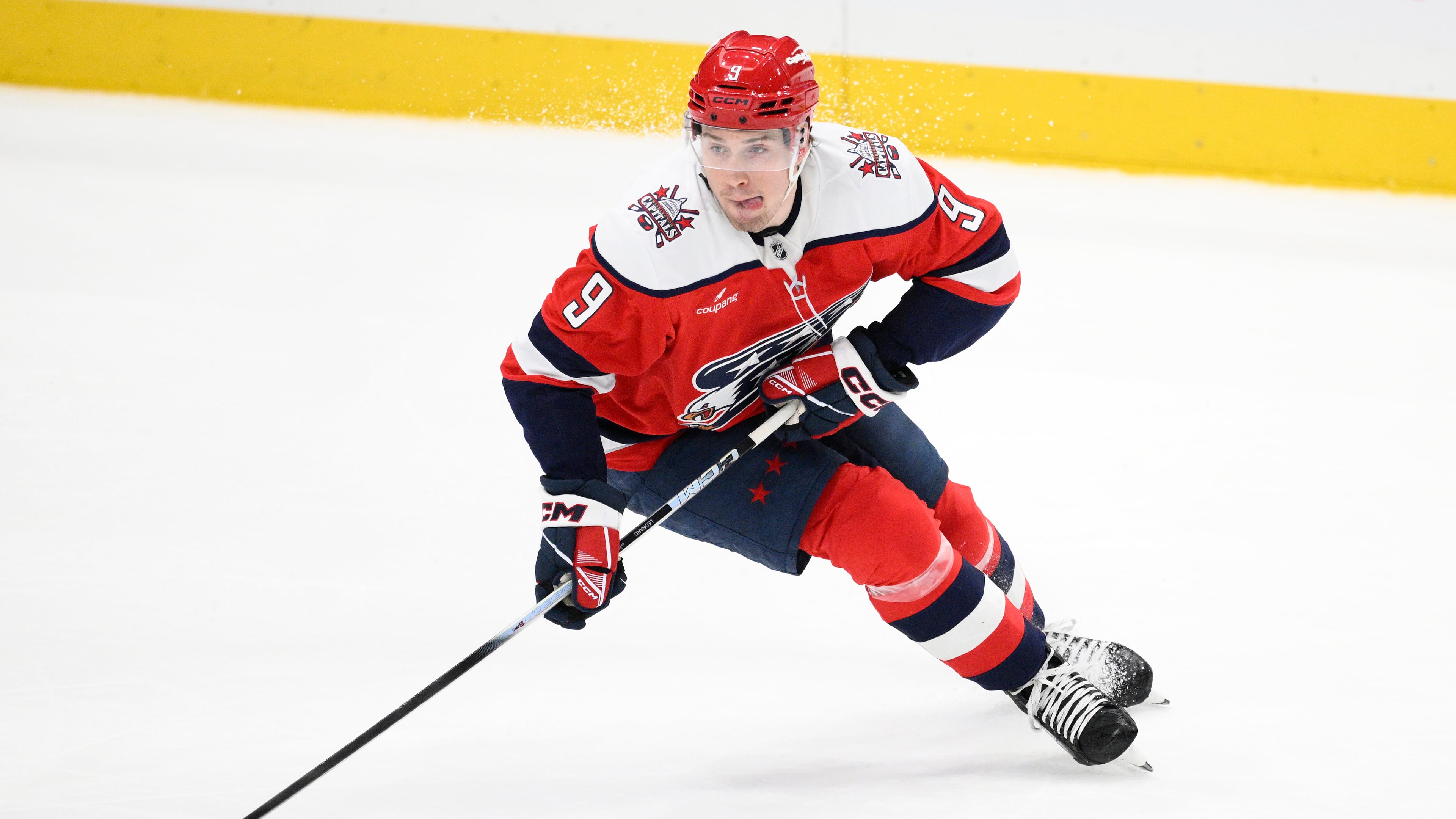 FILE - Washington Capitals right wing Ryan Leonard (9) in action during the third period of an NHL hockey game against the Utah Mammoth, March 3, 2026, in Washington. (AP Photo/Nick Wass, File)