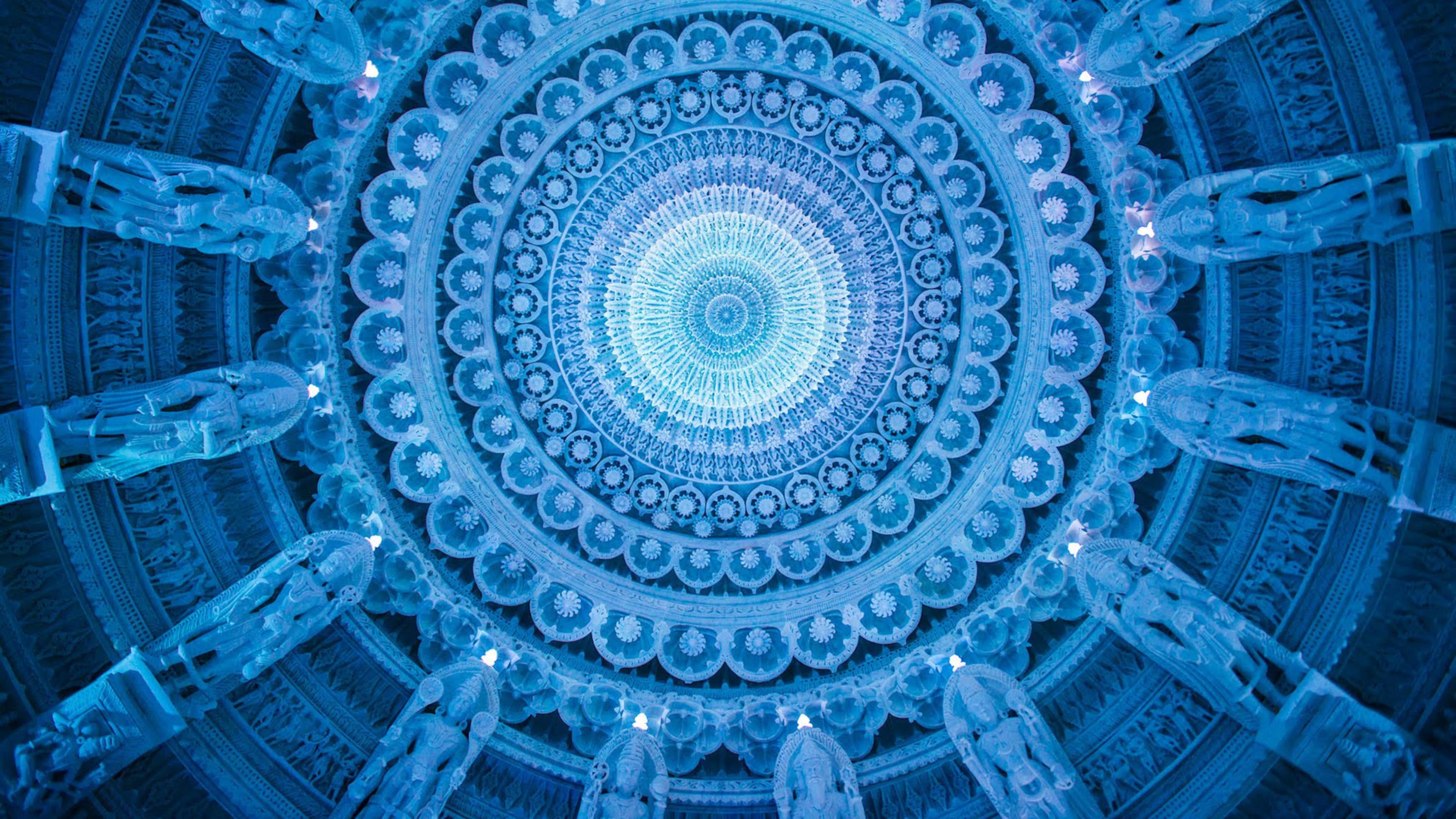 A stone chandelier hangs from the central dome of BAPS Shri Swaminarayan Mandir in Lilburn. It features stacked marble rings trimmed with LED lighting and is surrounded by 16 figures that represent the stages of a Hindu person’s life. Contributed by BAPS Shri Swaminarayan Mandir