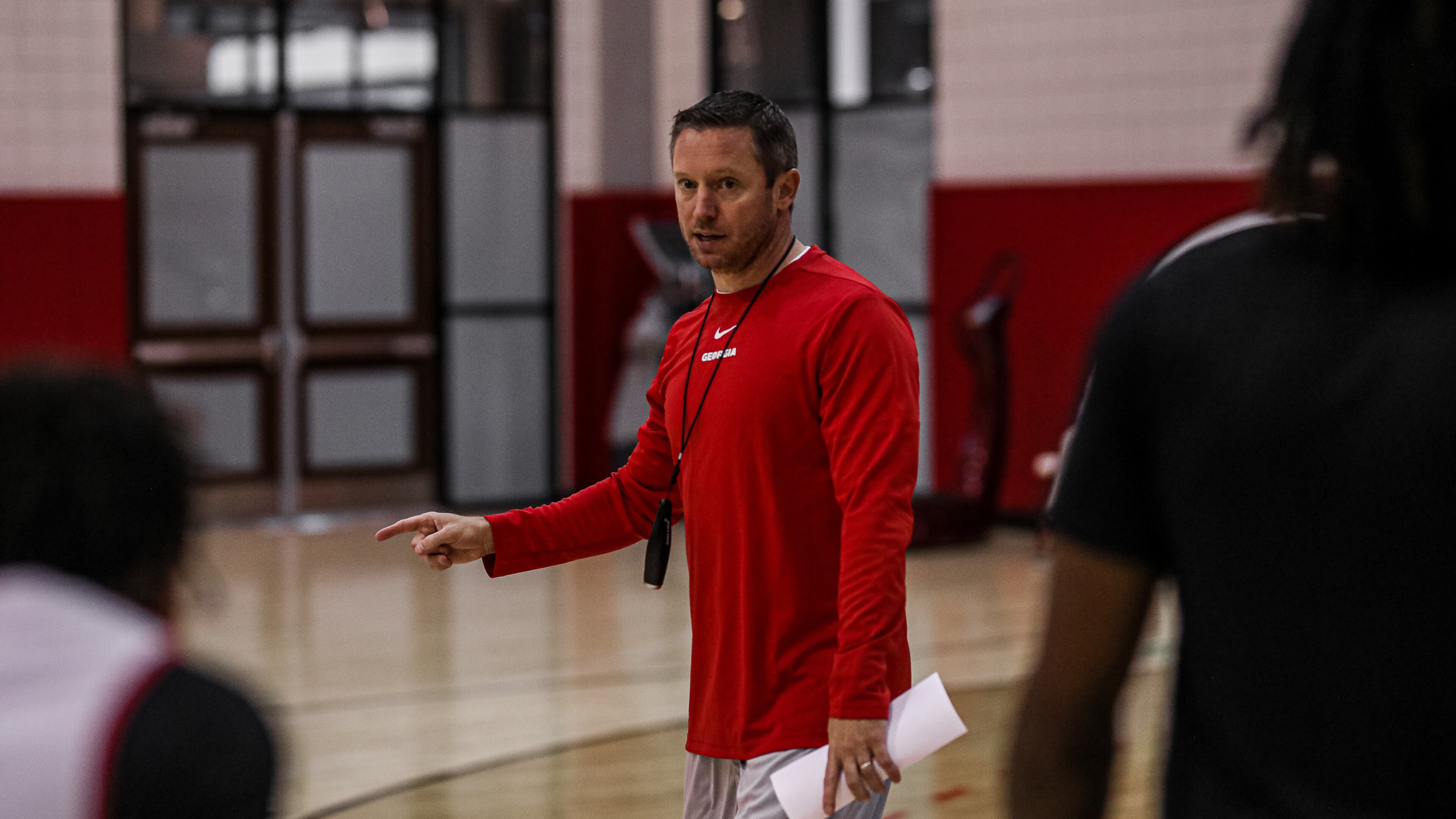 First-year Georgia basketball coach Mike White works with the Bulldogs in a recent practice at the Stegeman Training Facility. White's team begins preseason practices for the 2022-23 season on Monday. (Photo by Jordan Lange/UGA Athletics)