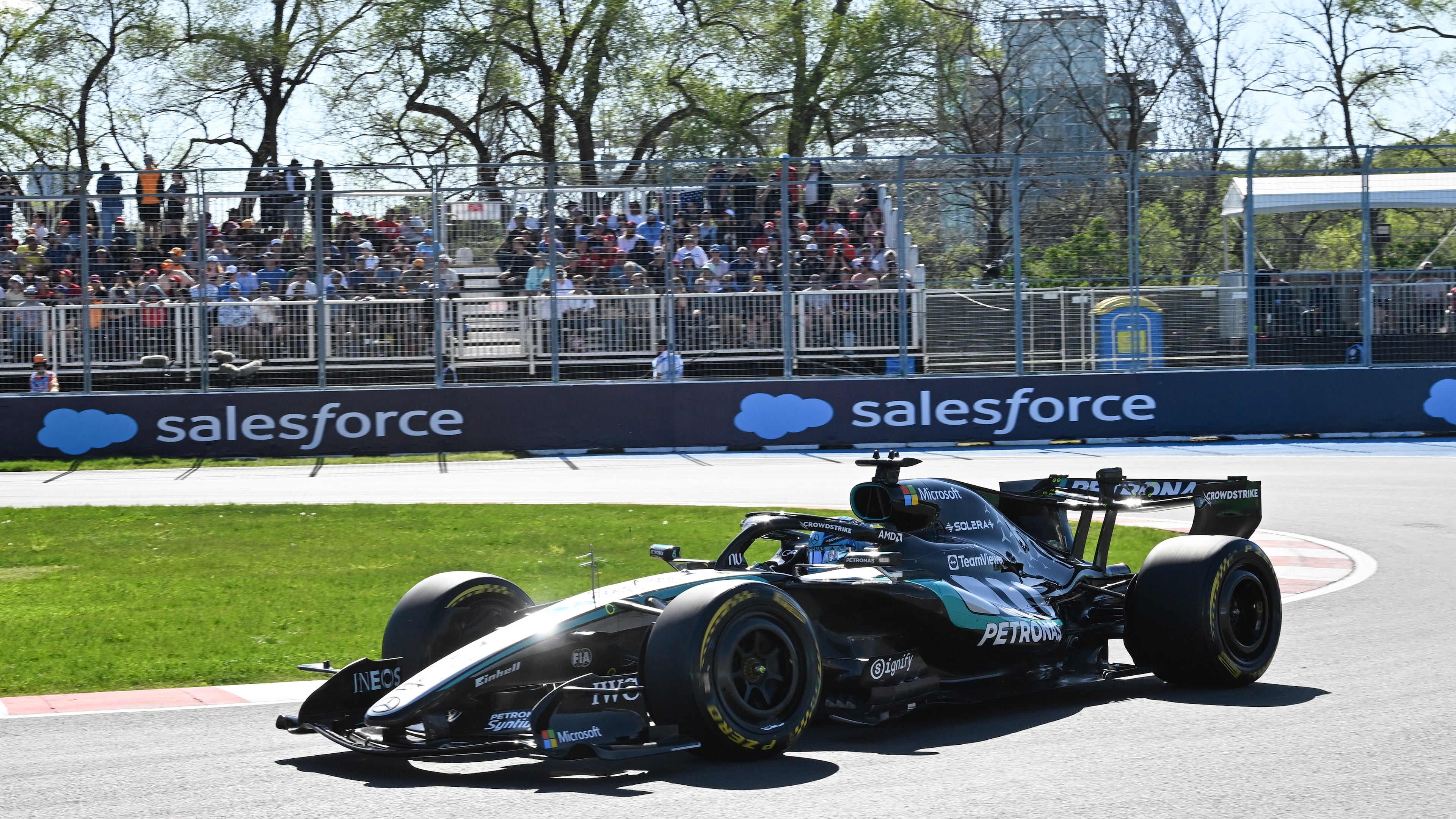 Mercedes driver George Russell of Britain drives during the qualifying session for the sprint race at the F1 Canadian Grand Prix auto race in Montreal, Friday, May 22, 2026. (Jacques Boissinot/The Canadian Press via AP)