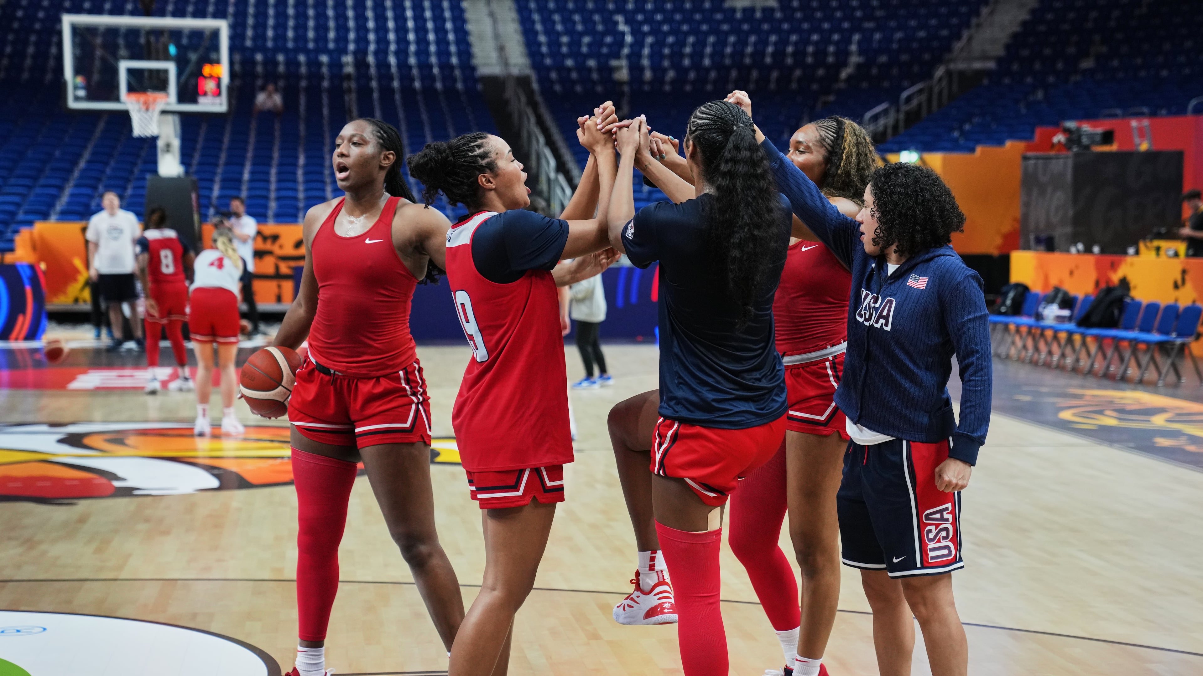 United States women's basketball team practices during a training session ahead of the match between China and United States during the Women's Basketball World Cup in Berlin, Germany, Wednesday, Sept. 2, 2026. (AP Photo/Ebrahim Noroozi)